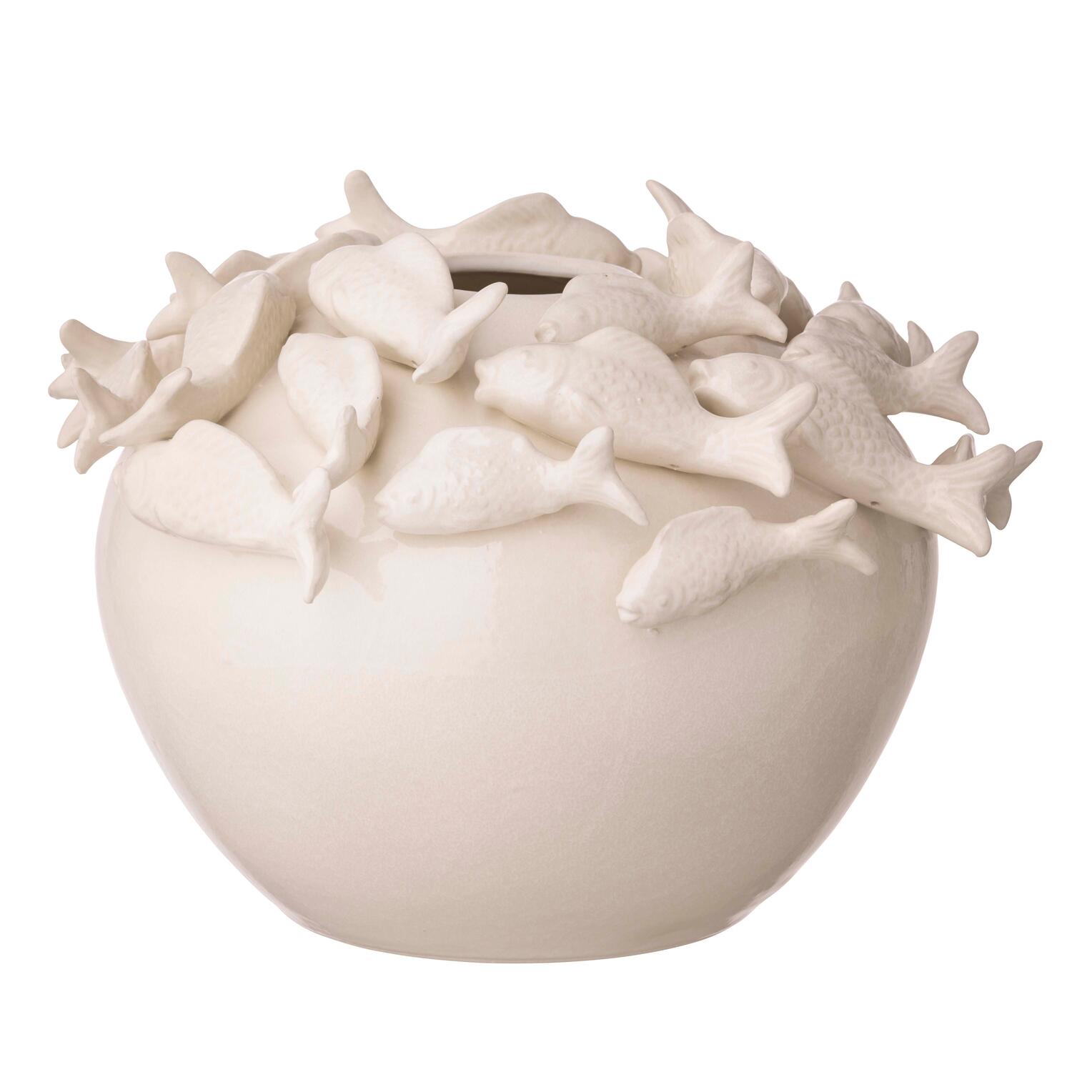 Rund vase med fisk, hvid - Ø40 cm
