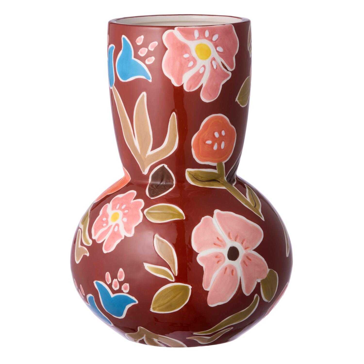 Vase med blomster motiv, brun - H28 cm