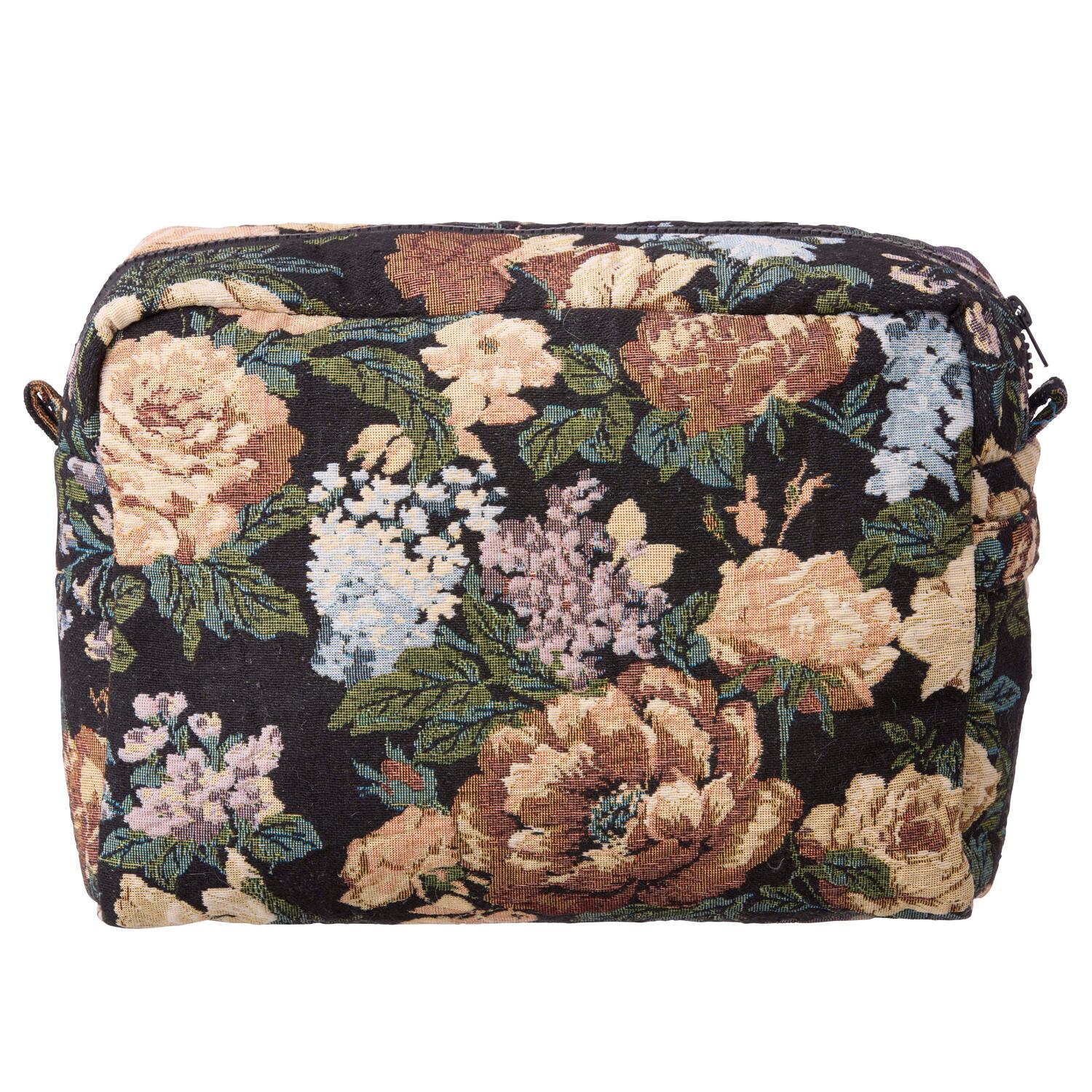Toilettaske, sort blomstret - 22x30 cm