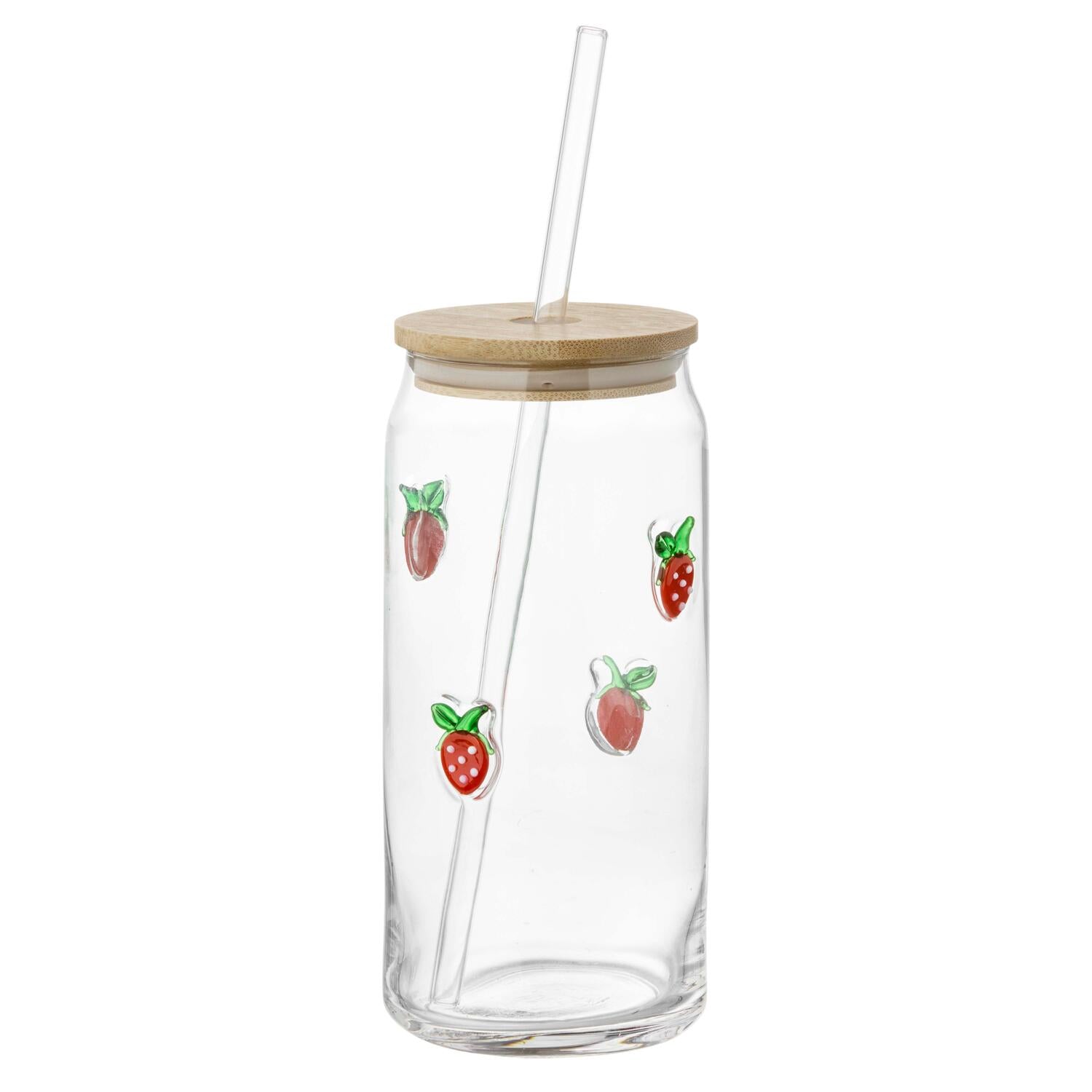 Drikkeglas m. sugerør, jordbær - 500ml