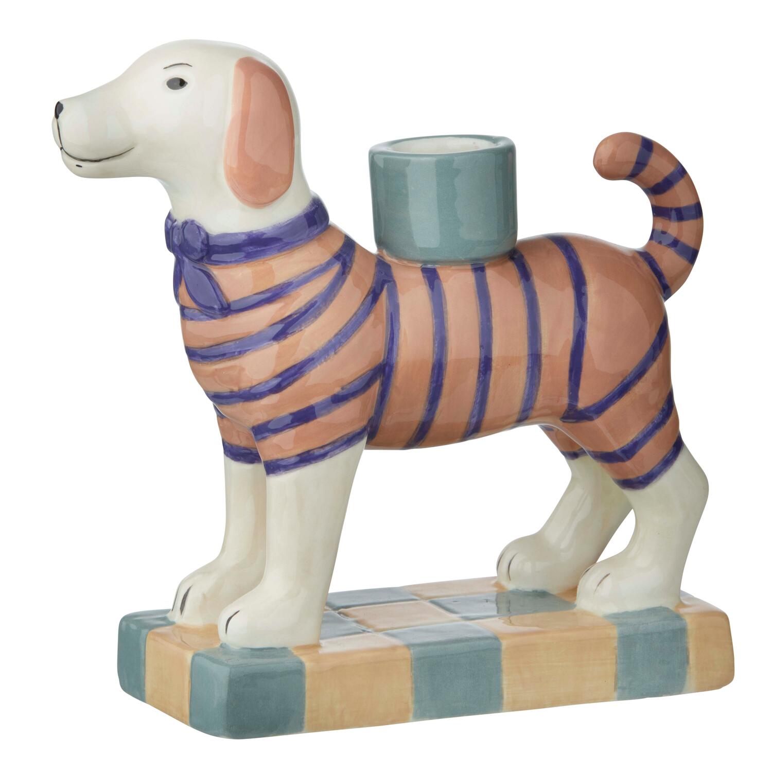 Lysestage, hund m. stribet sweater - H15,5 cm