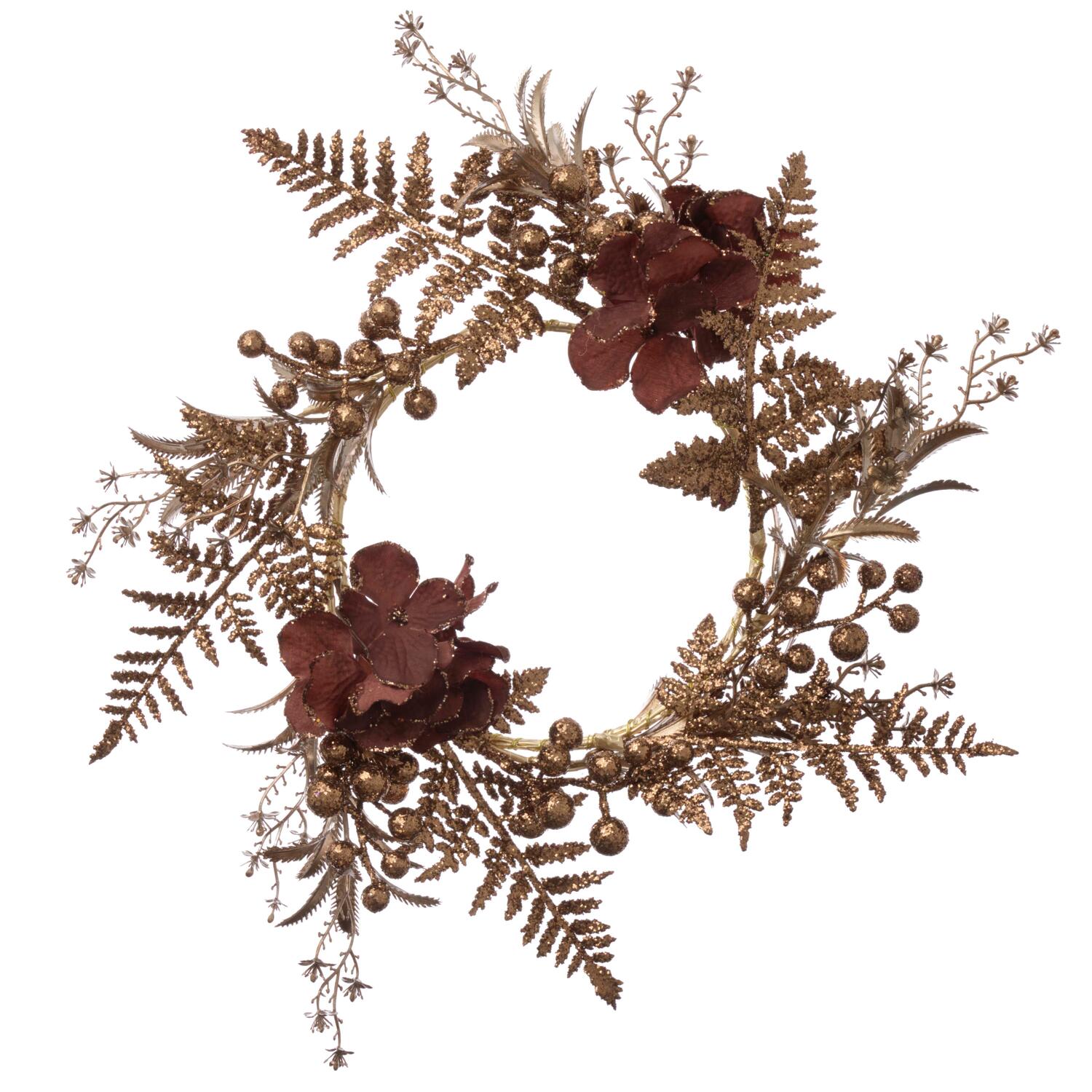 Krans m. blomster & blade, brun/glitter - Ø46 cm