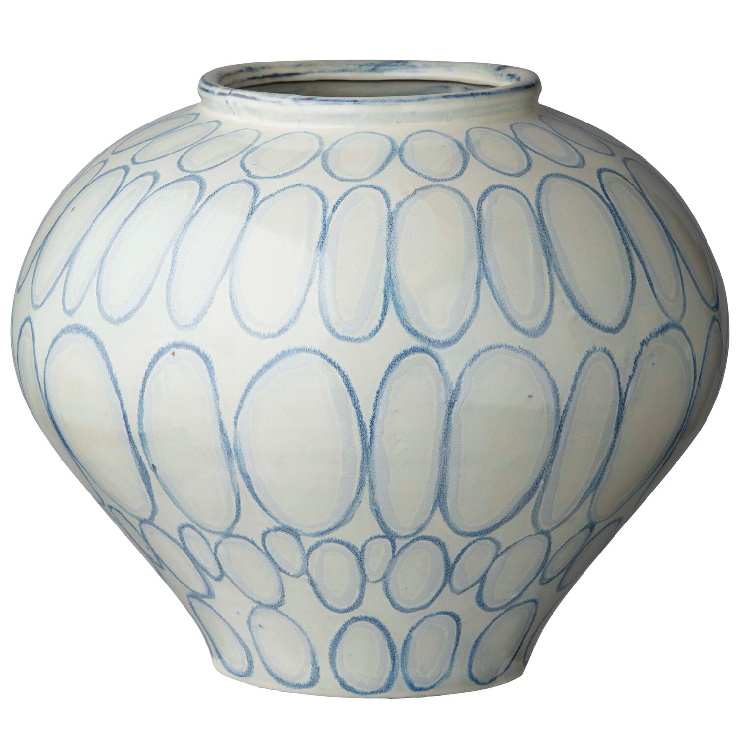 Vase m. håndmalede circkler, hvid/blå - H32,5 cm