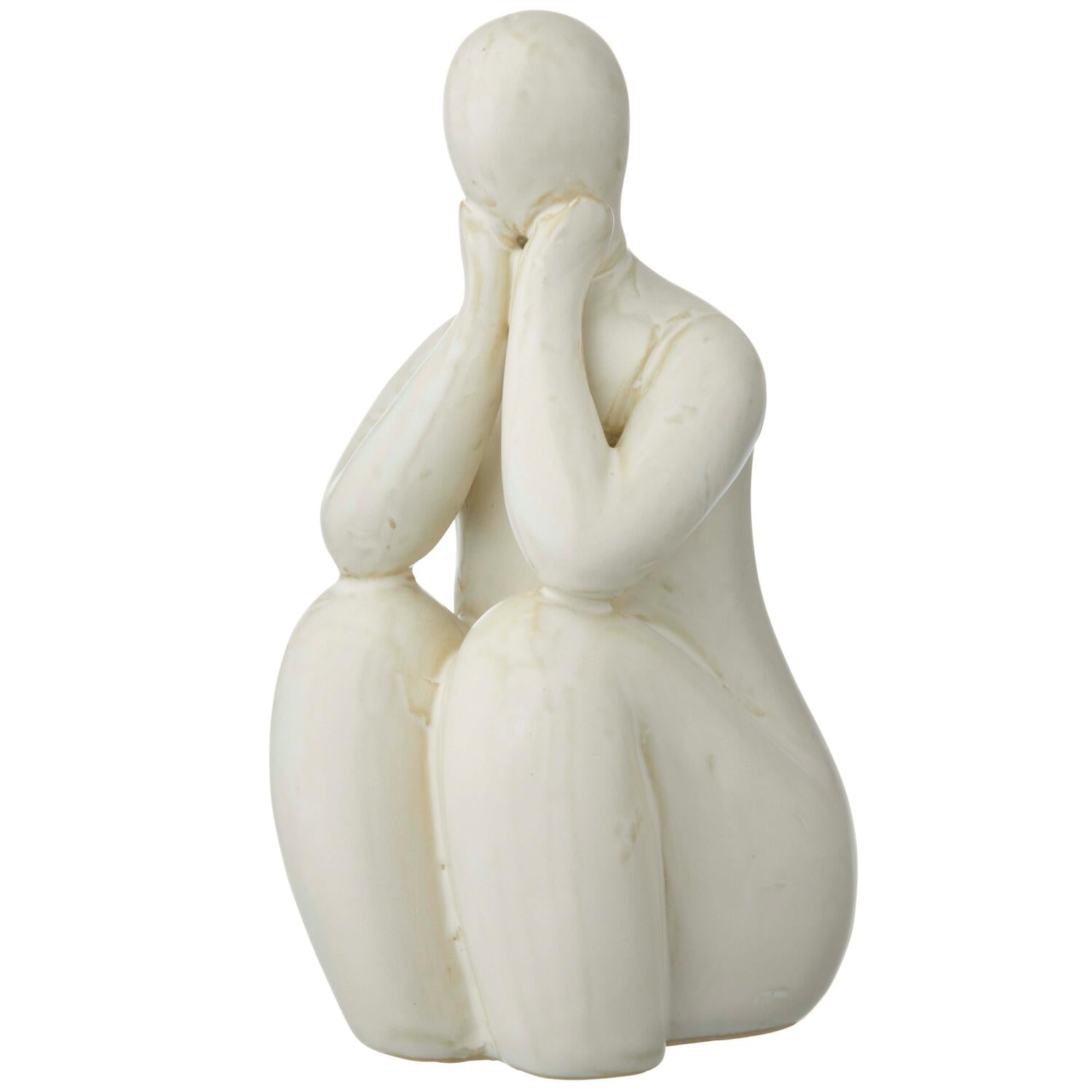 Siddende figur m. hænder på kinderne, hvid - H19 cm