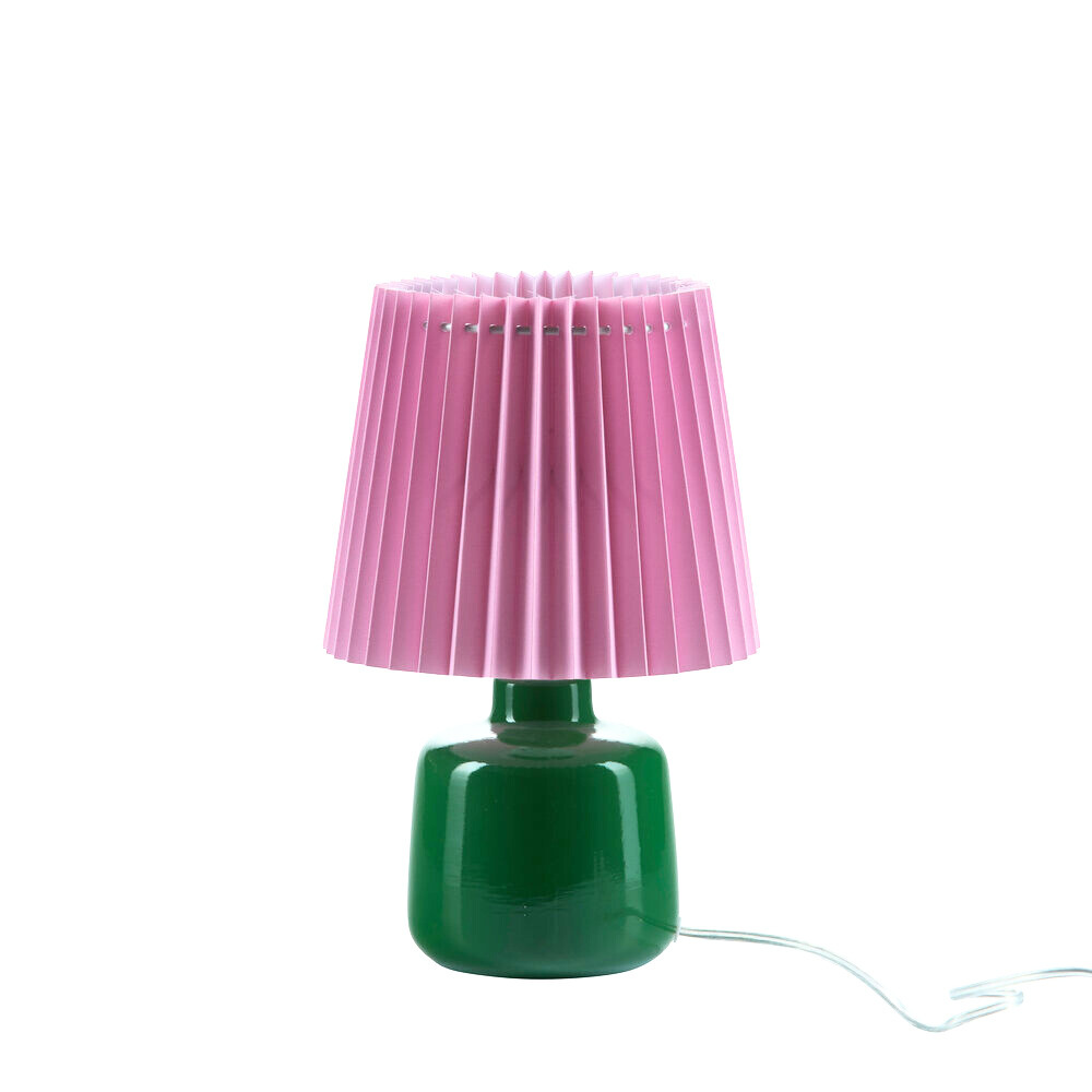 Plisseret bordlampe, grøn/pink - H31 cm.