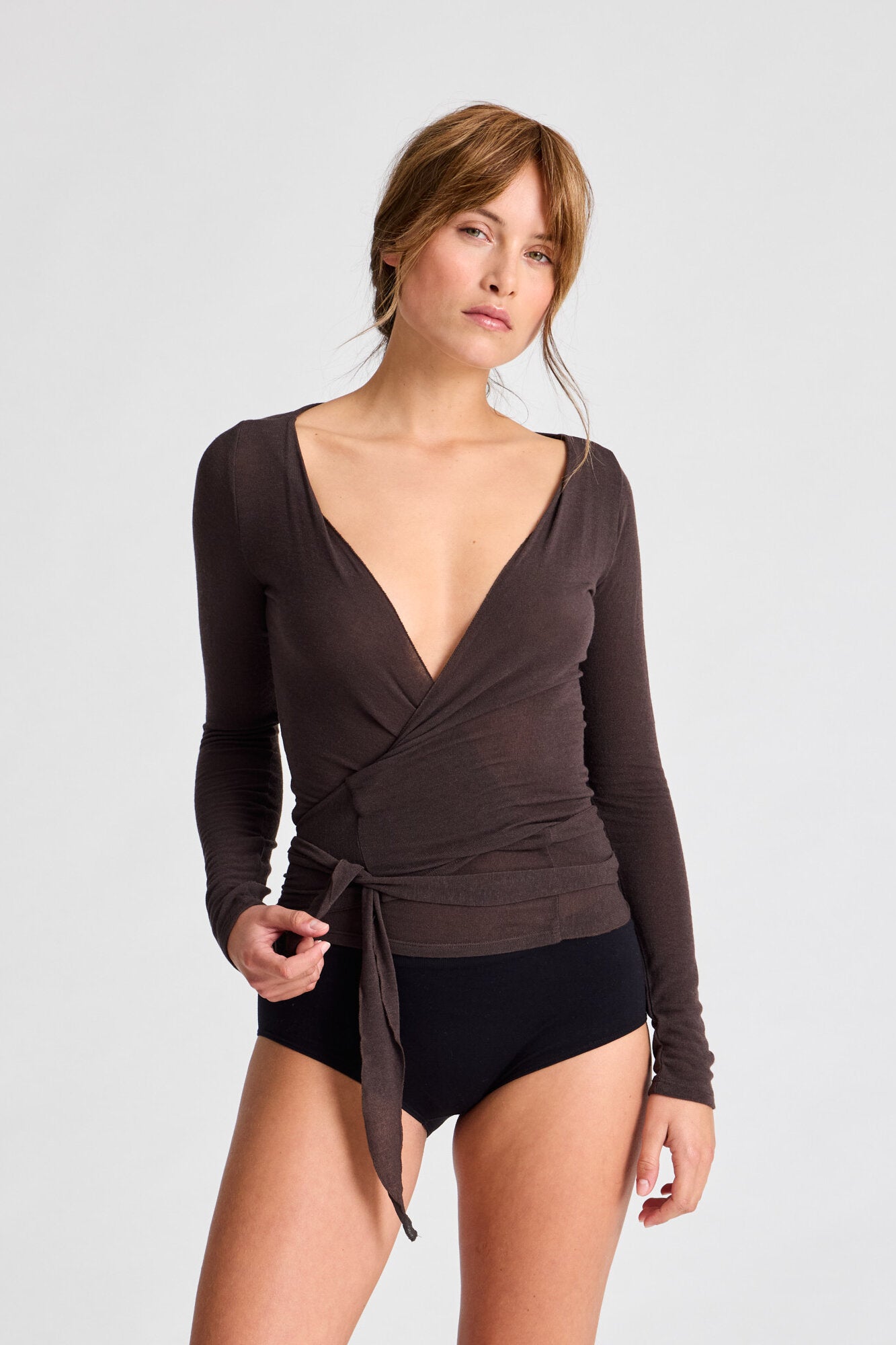 Anne Wrap Wool langærmet t-shirt - Mulch