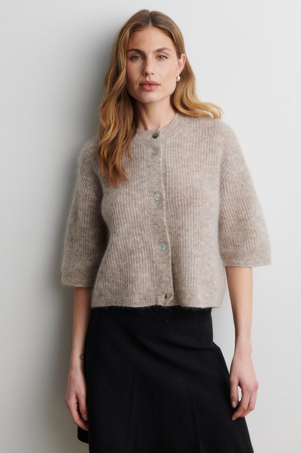 Andrea kortærmet cardigan - Light Beige Melange