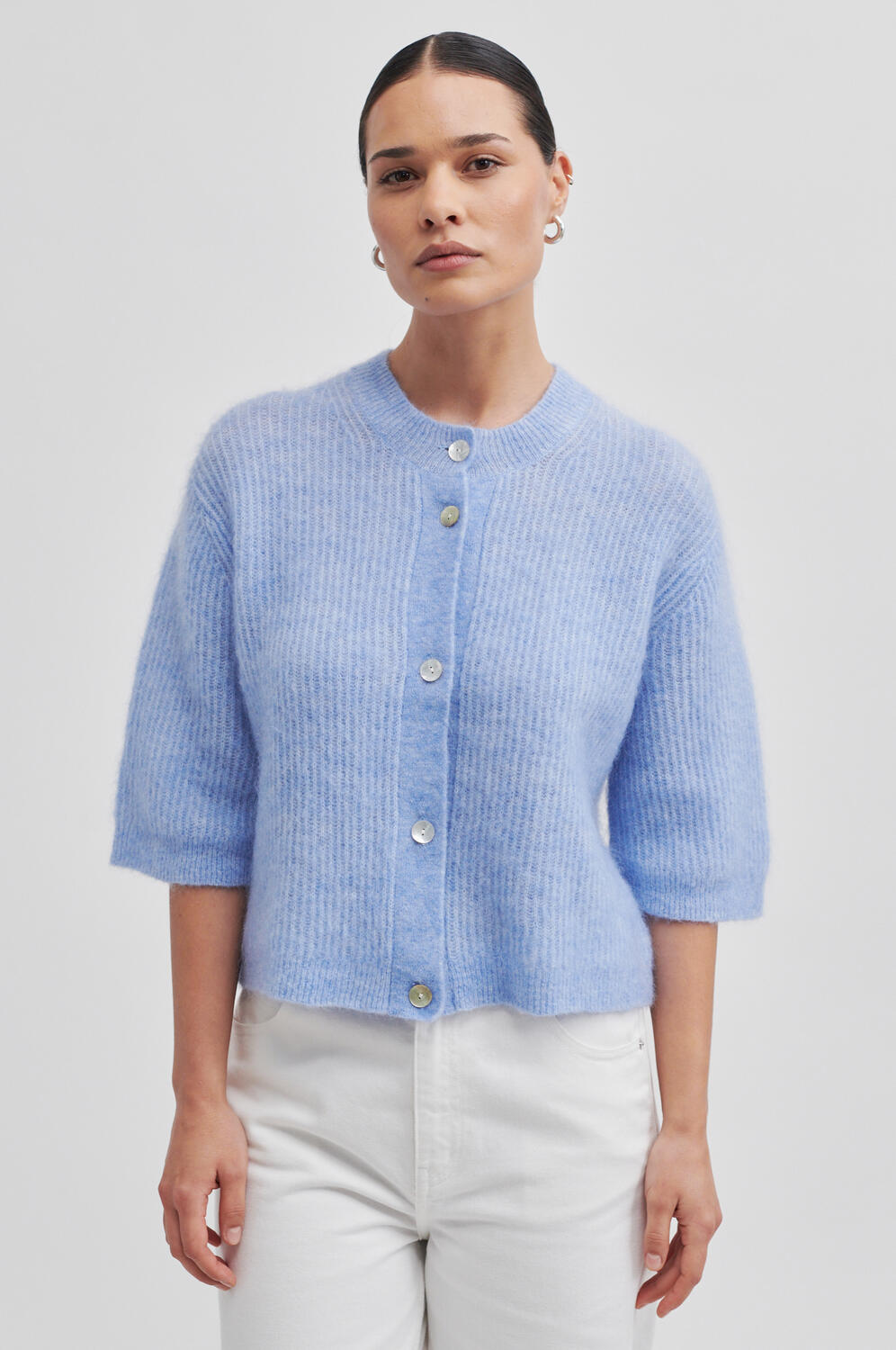 Andrea kortærmet cardigan - Brunnera Blue