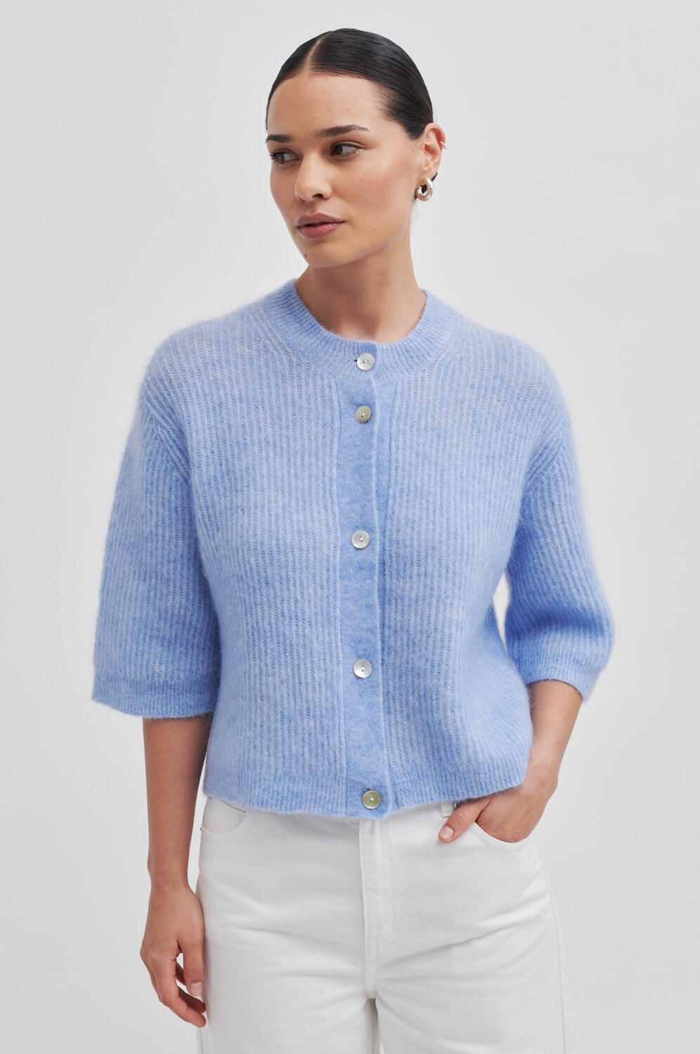 Andrea kortærmet cardigan - Brunnera Blue