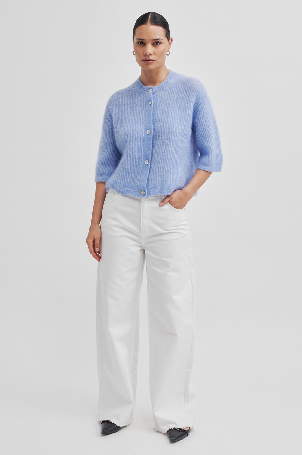 Andrea kortærmet cardigan - Brunnera Blue