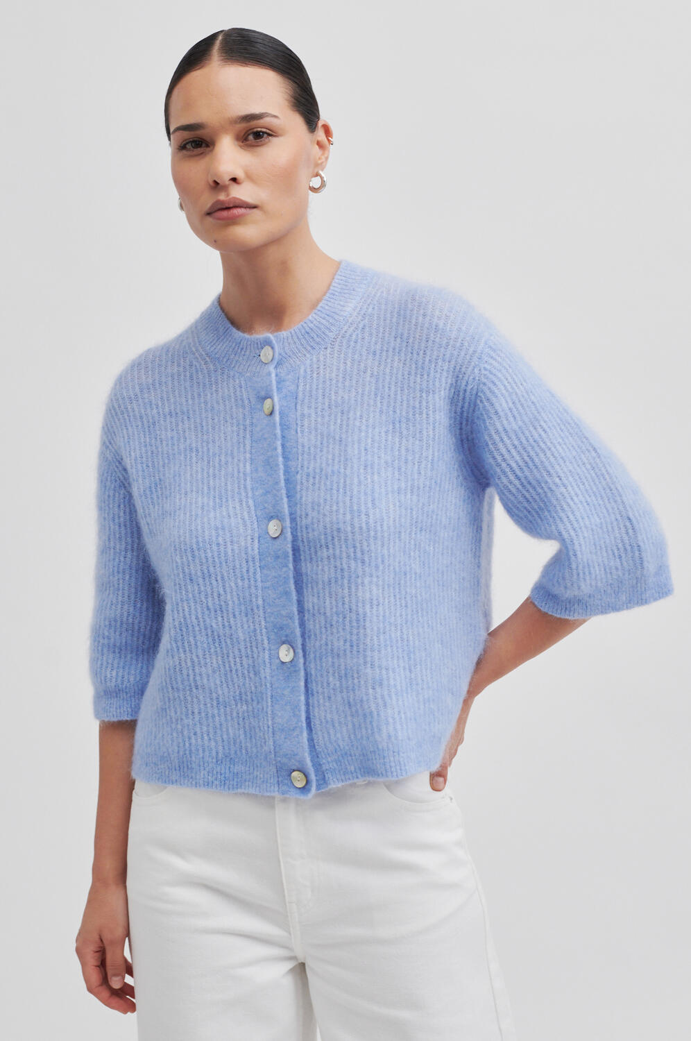 Andrea kortærmet cardigan - Brunnera Blue