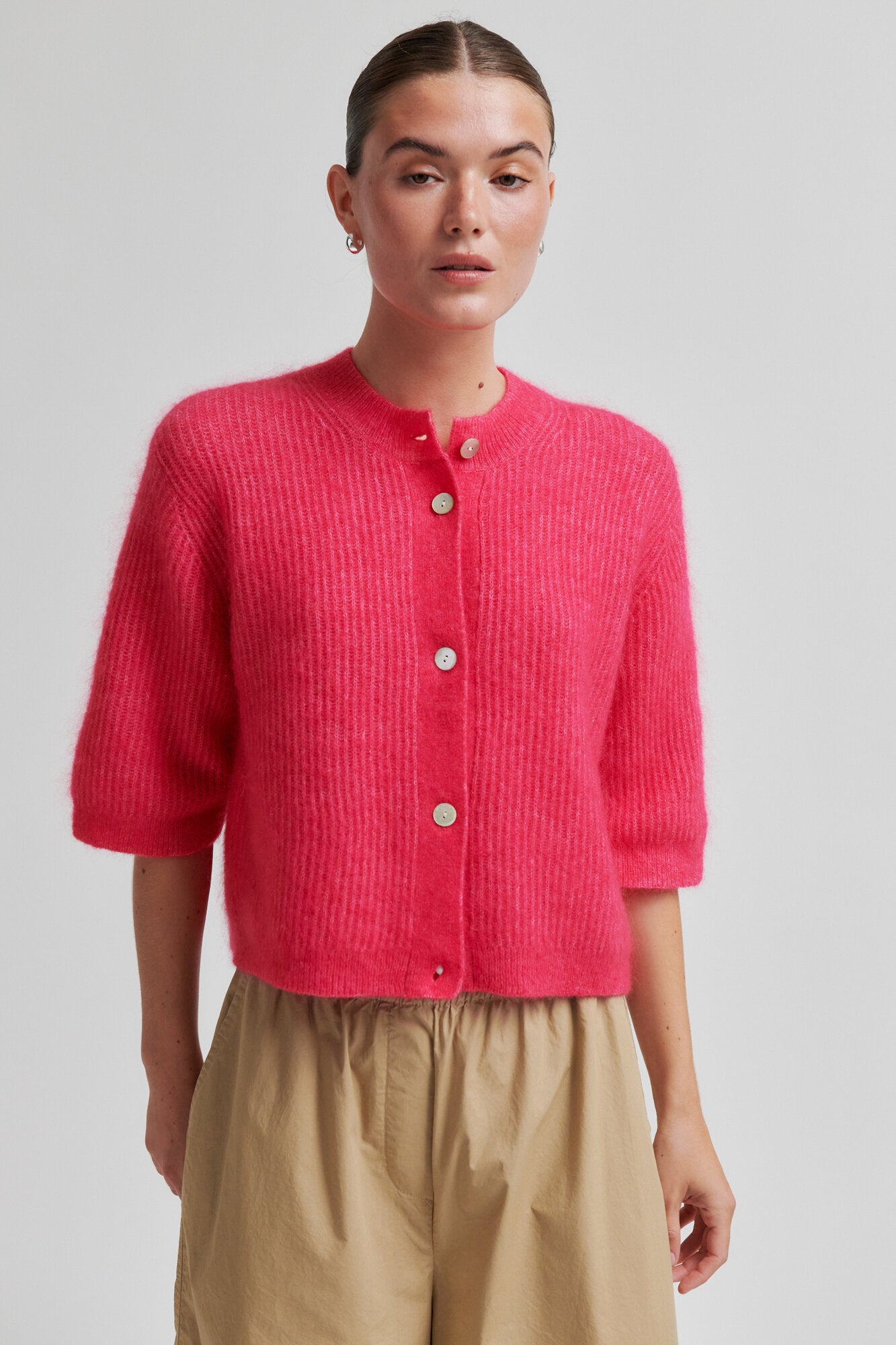 Andrea kortærmet cardigan - Raspberry Sorbet