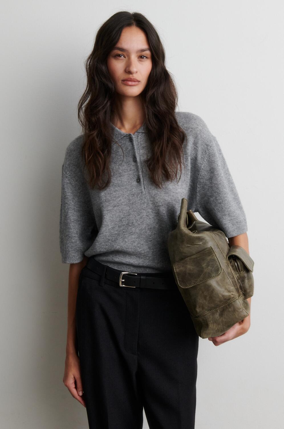 Longo strikket polotrøje - Mid Grey Melange