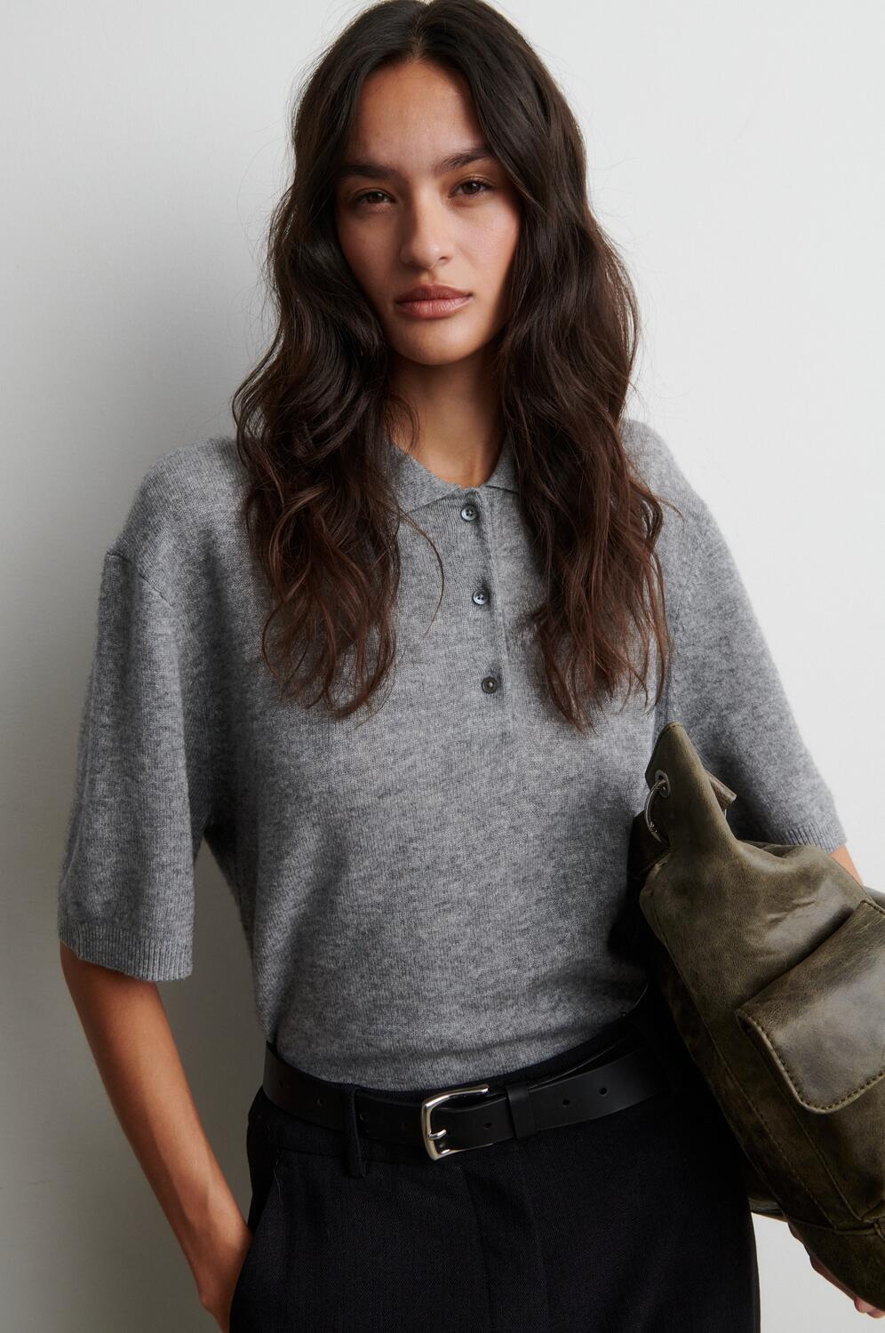 Longo strikket polotrøje - Mid Grey Melange