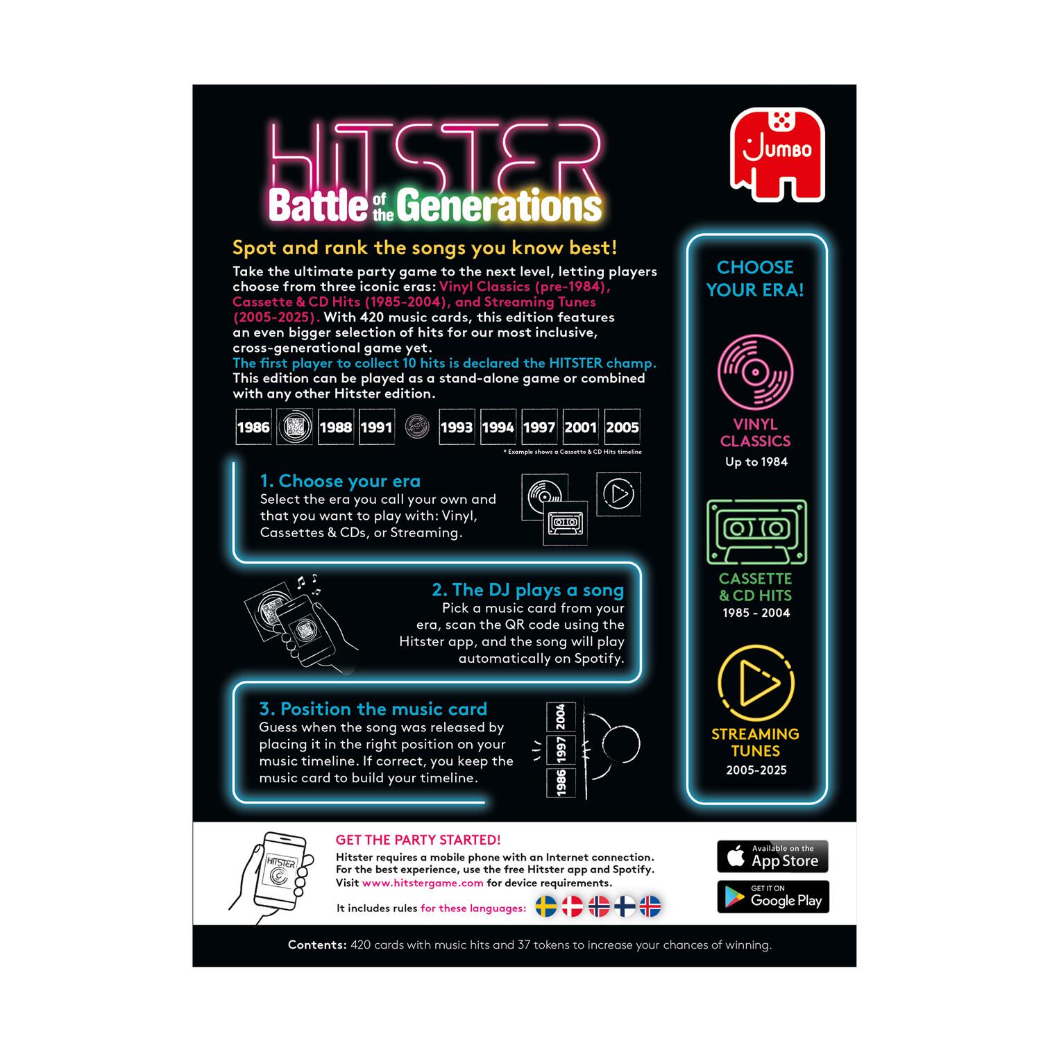 Hitster Battle of the Generations selskabsspil, 420 kort - Nordisk udgave
