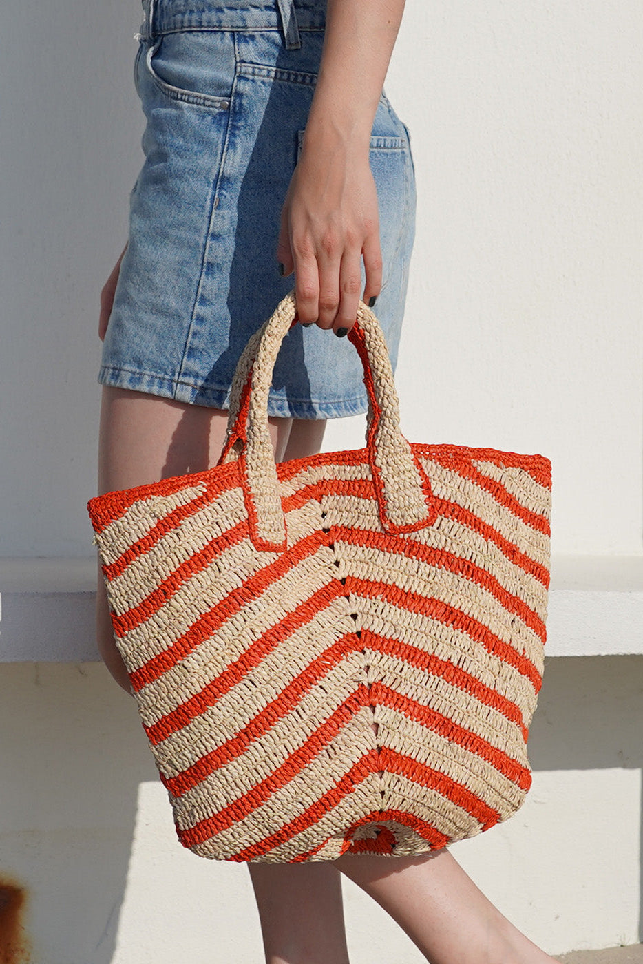 Cavone Striped Raffia håndtaske - Natural/Coral