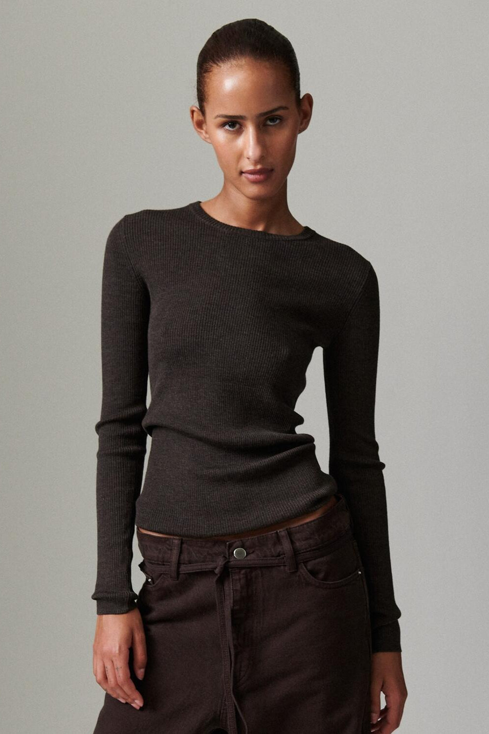 Daily Elements Marina langærmet t-shirt - Expresso Melange