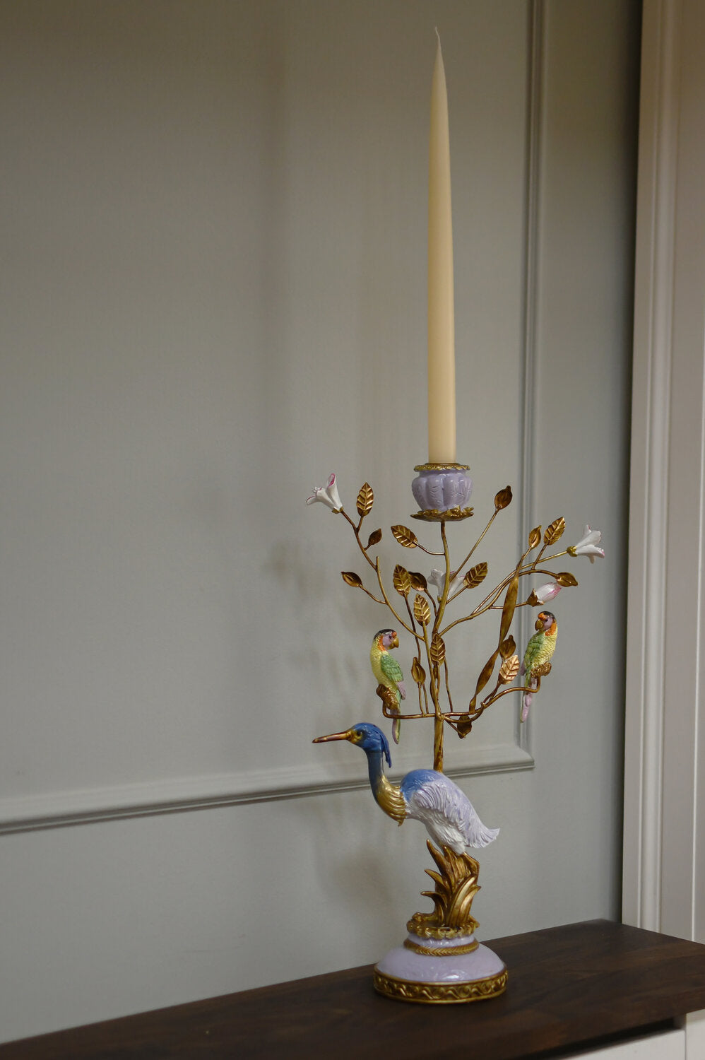 Lysestage med fugle og grene, lilla- H44 cm