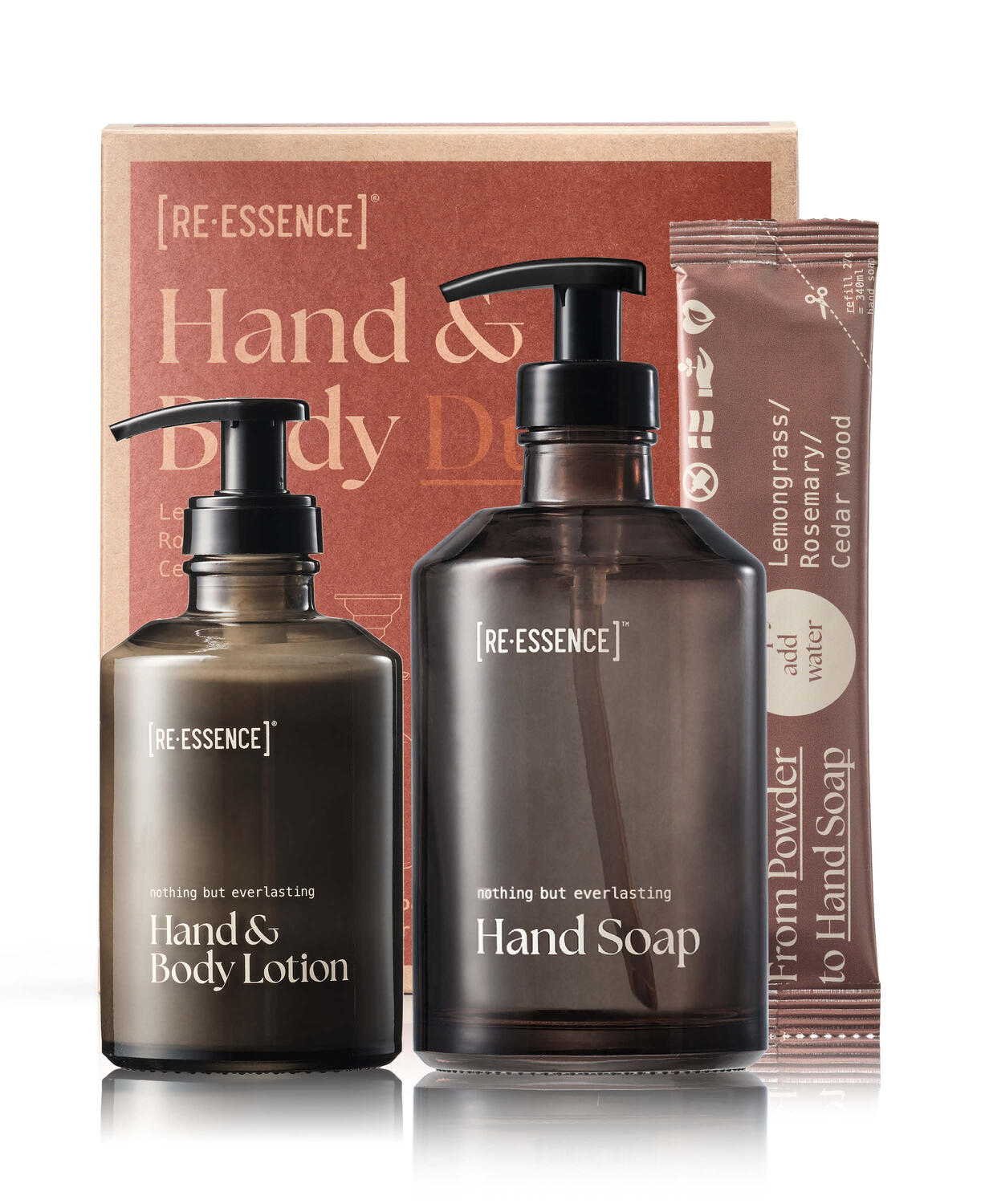Hand & Body Duo m. genanvendelig glasdispencer - Lemongrass/Rosemary/Cedar wood