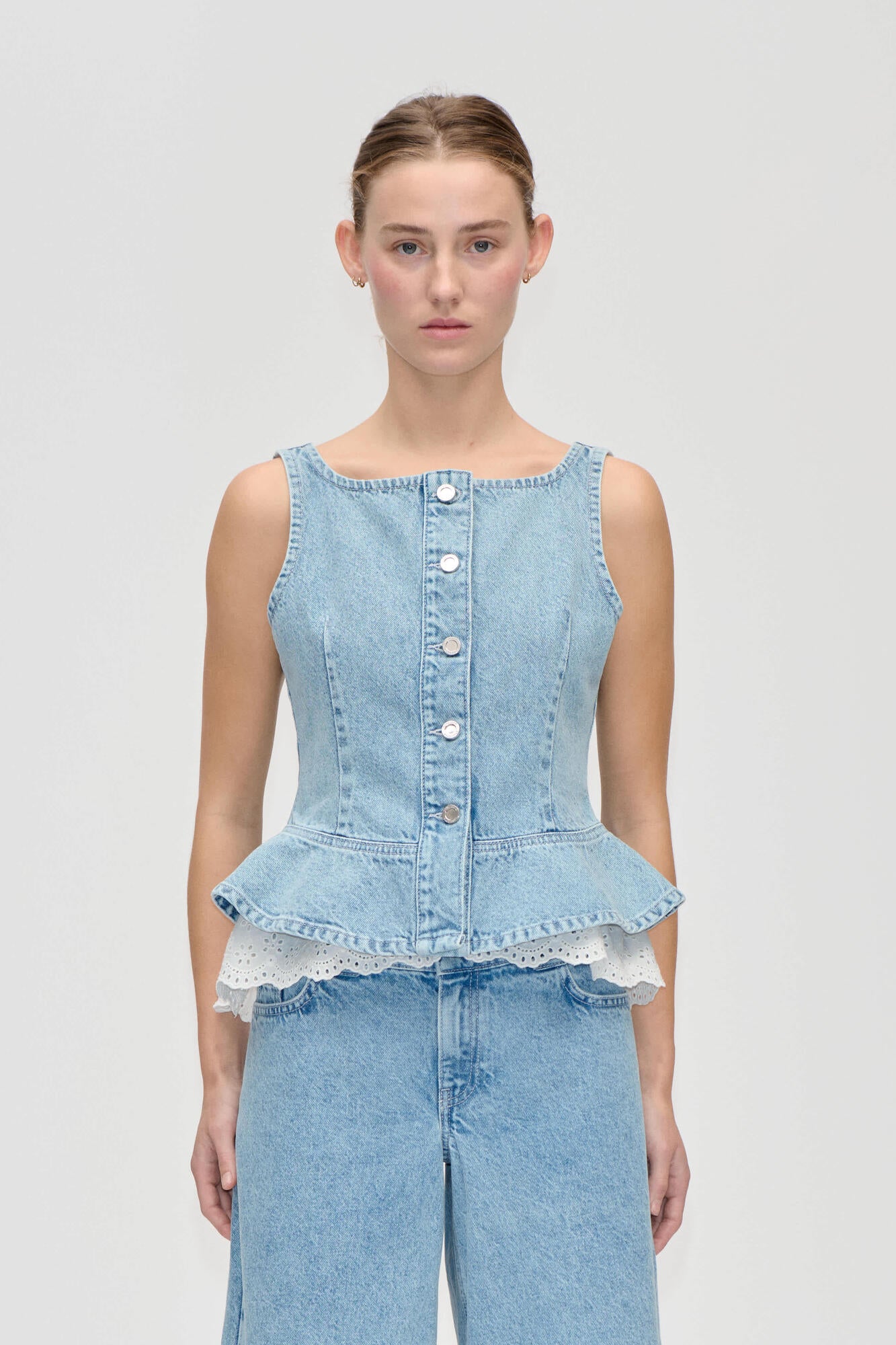 2514 Boatneck Frill Buttoned top - Denim Blue