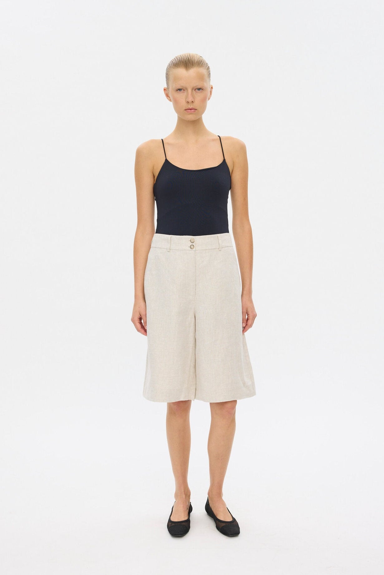 LauraFV Long hørshorts - Crystal Linen
