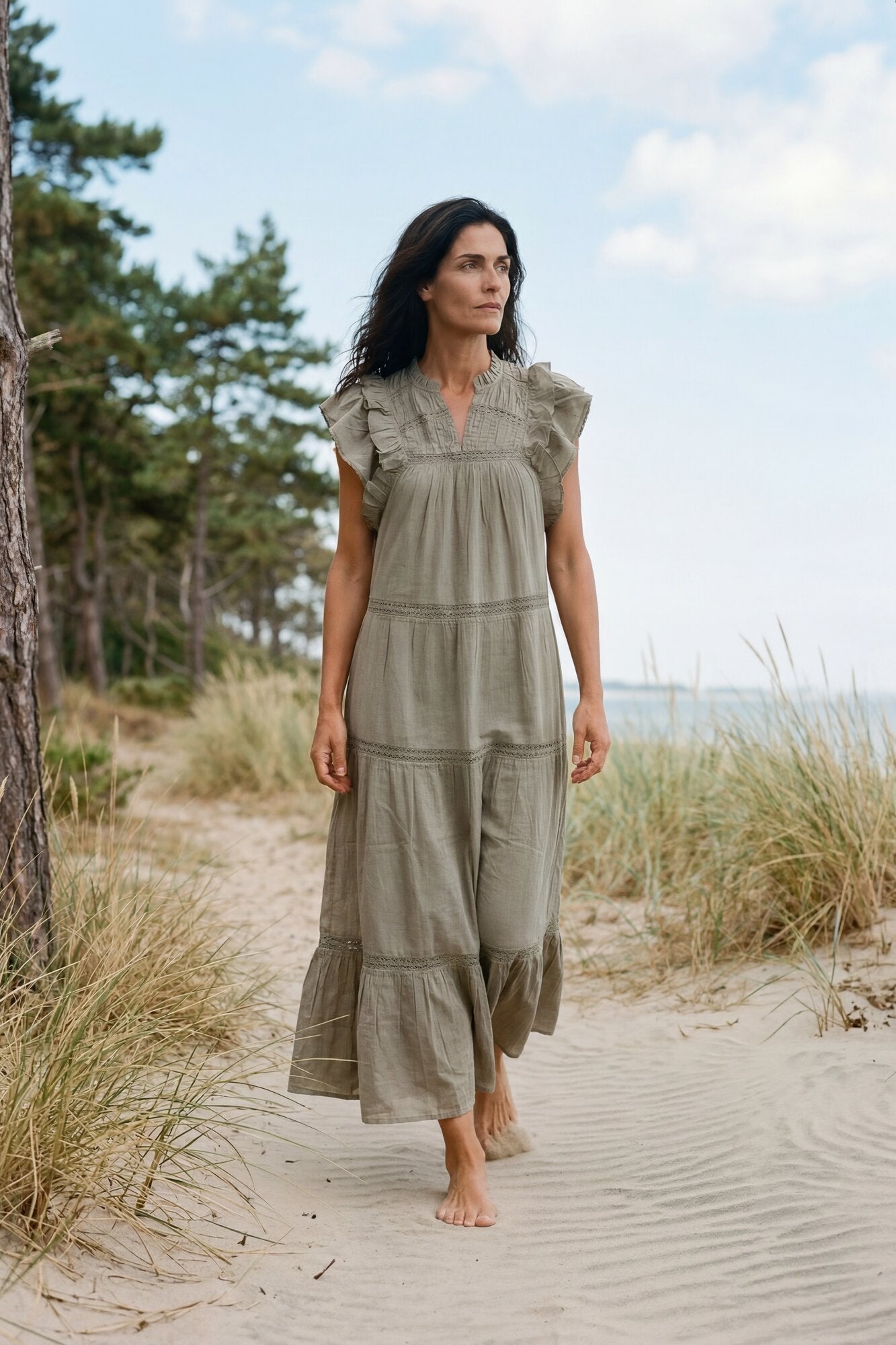 Melanie Voile lang kjole - Smoke Green