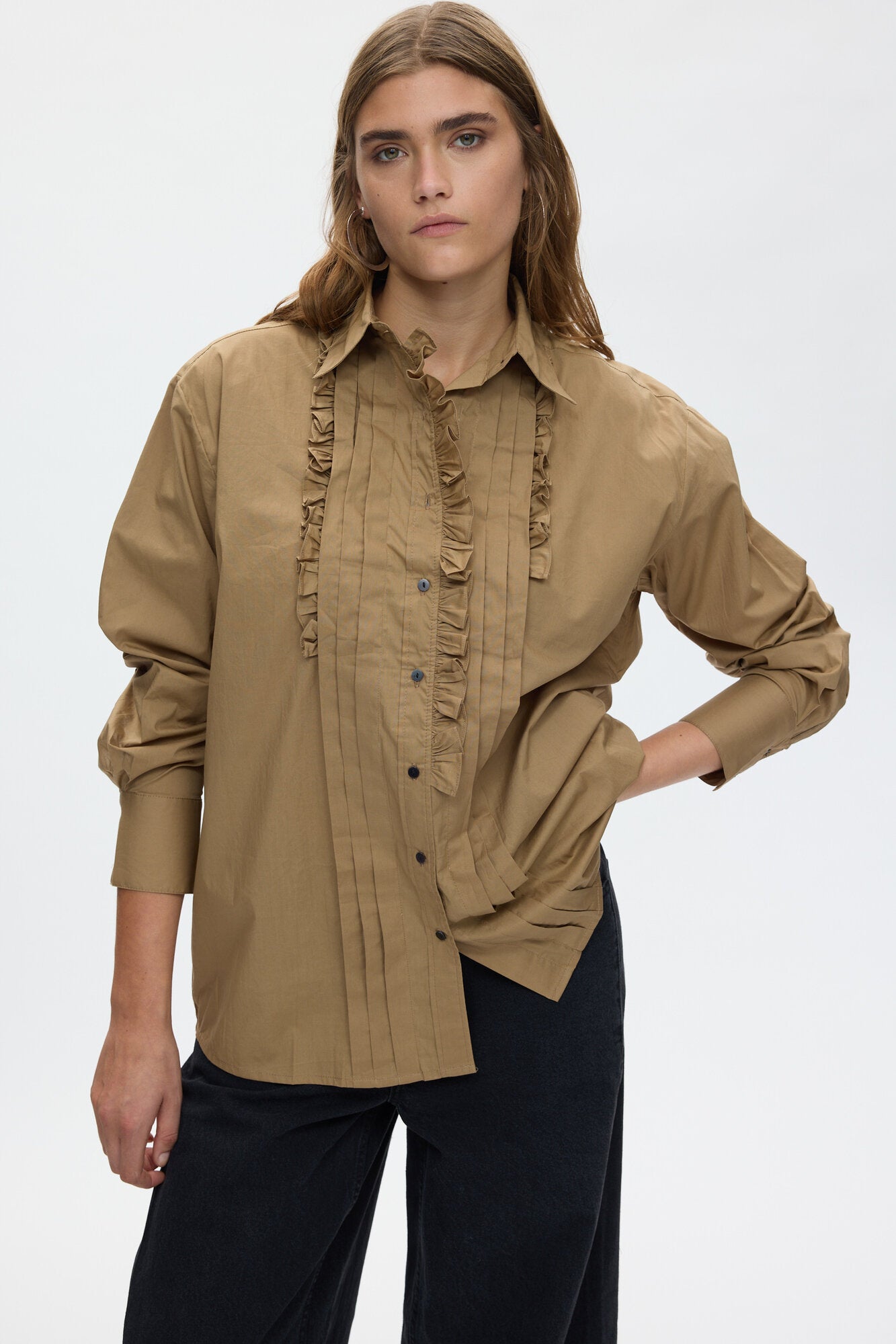 Poplin Front Frill Dim skjorte – Havana Brown