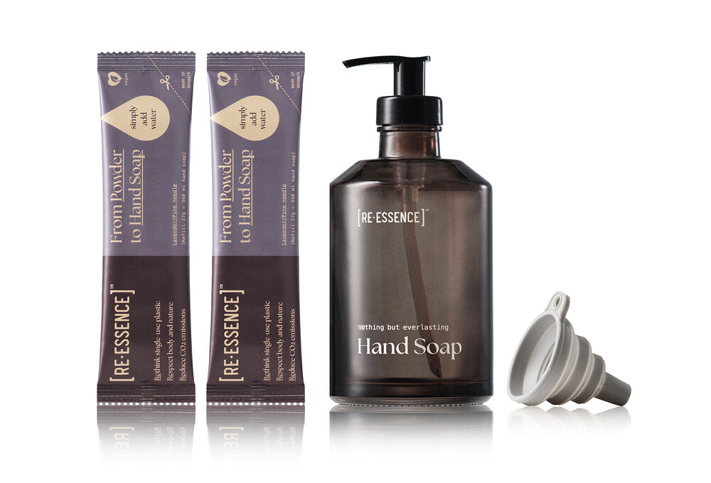 Håndsæbesæt m. genanvendelig glasdispencer - lavendel/fyrrenål