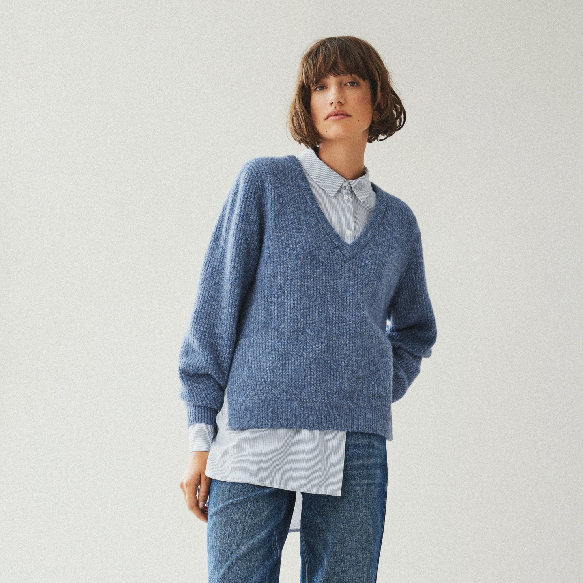 Vibeluna V-neck Rev L/S striktrøje - Bijou Blue