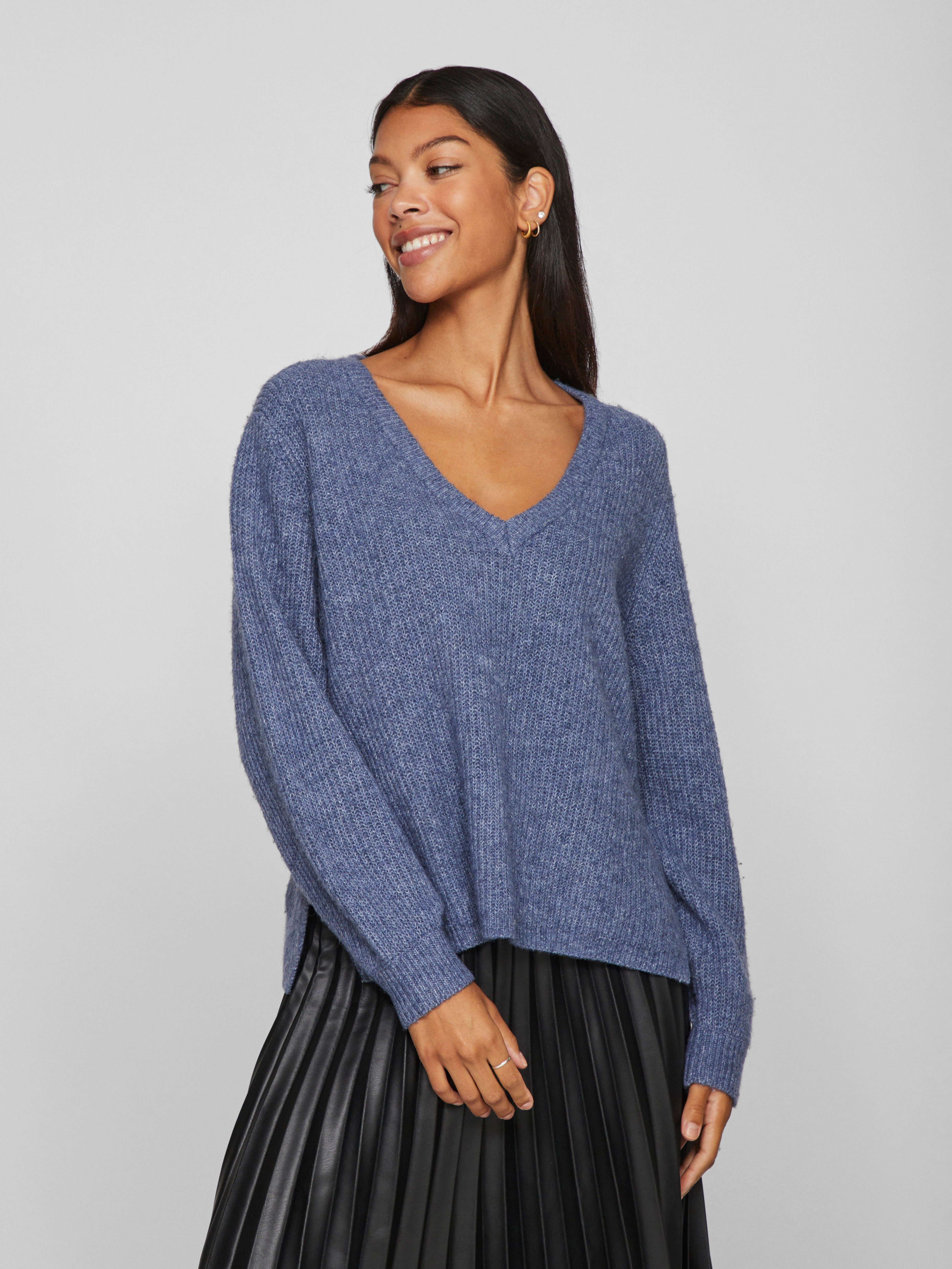 Vibeluna V-neck Rev L/S striktrøje - Bijou Blue