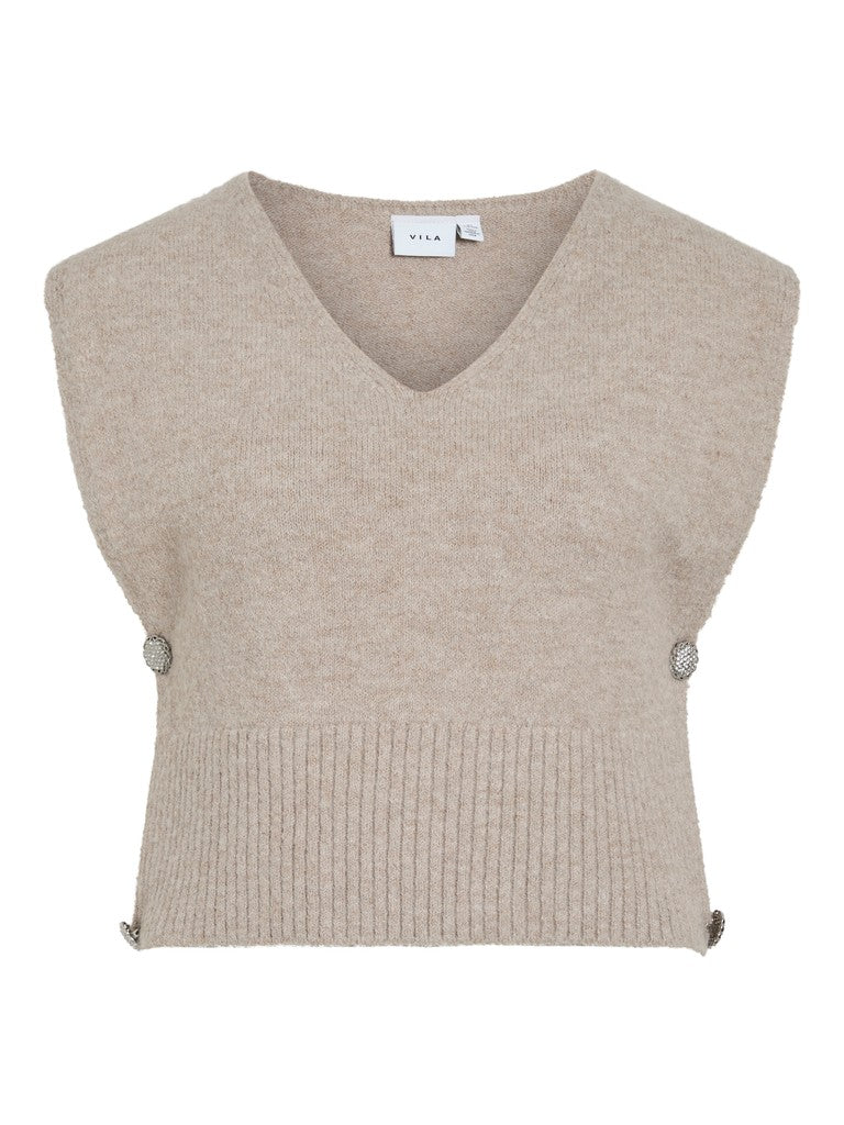 Vilyla strikket v-hals strikvest - Natural Melange