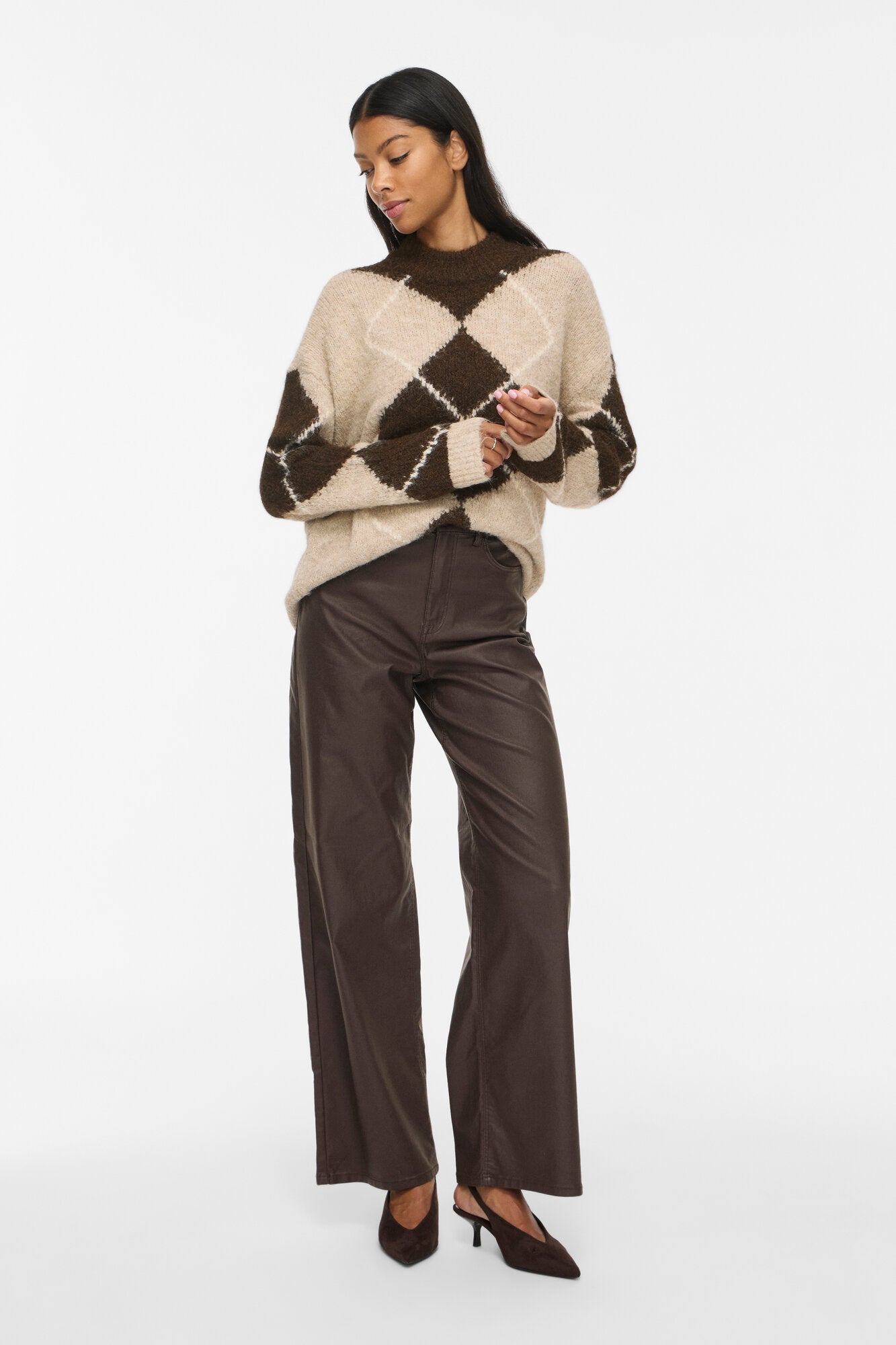 Vitoria High Neck Check striktrøje – Natural Melange