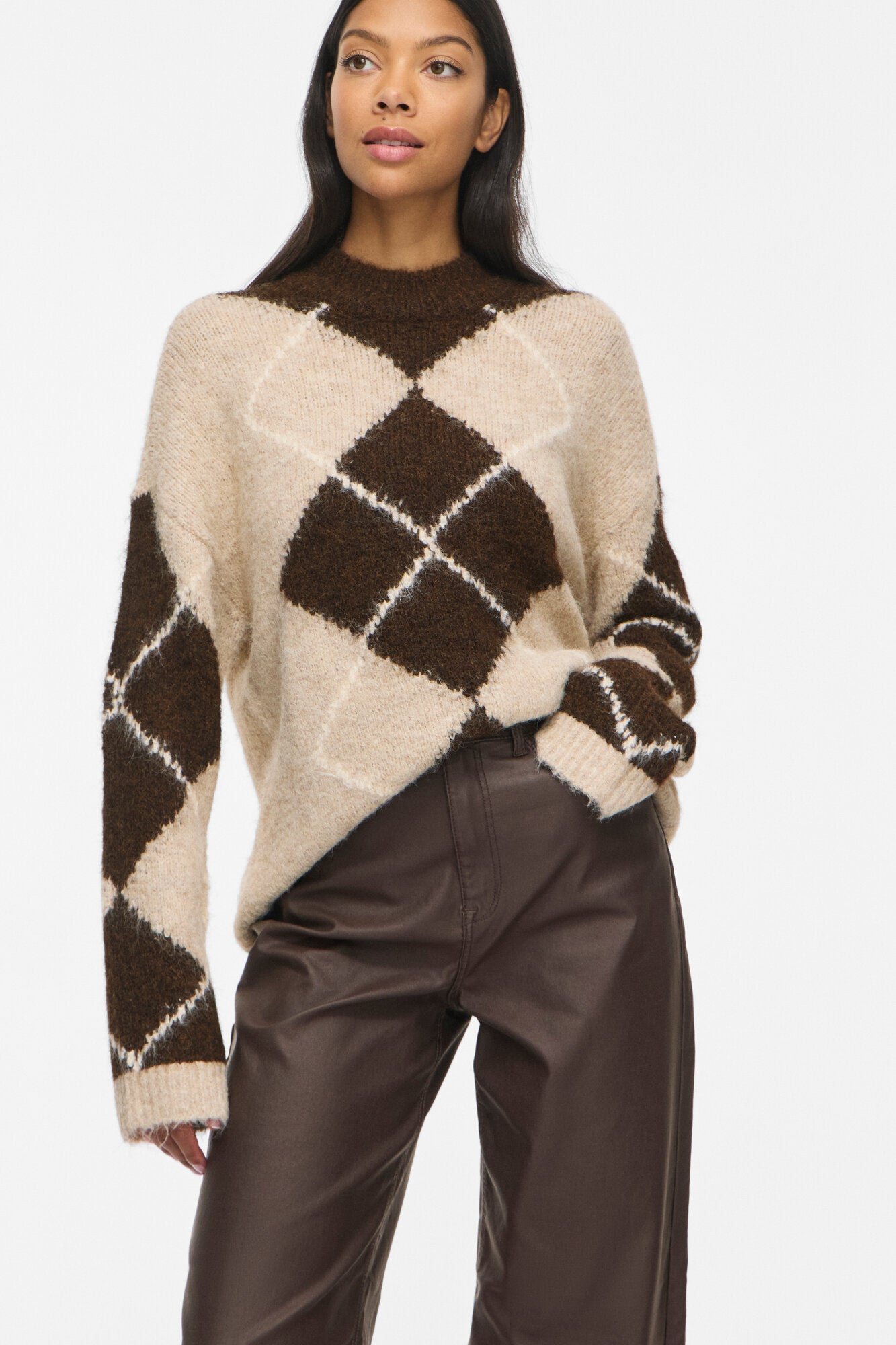 Vitoria High Neck Check striktrøje – Natural Melange
