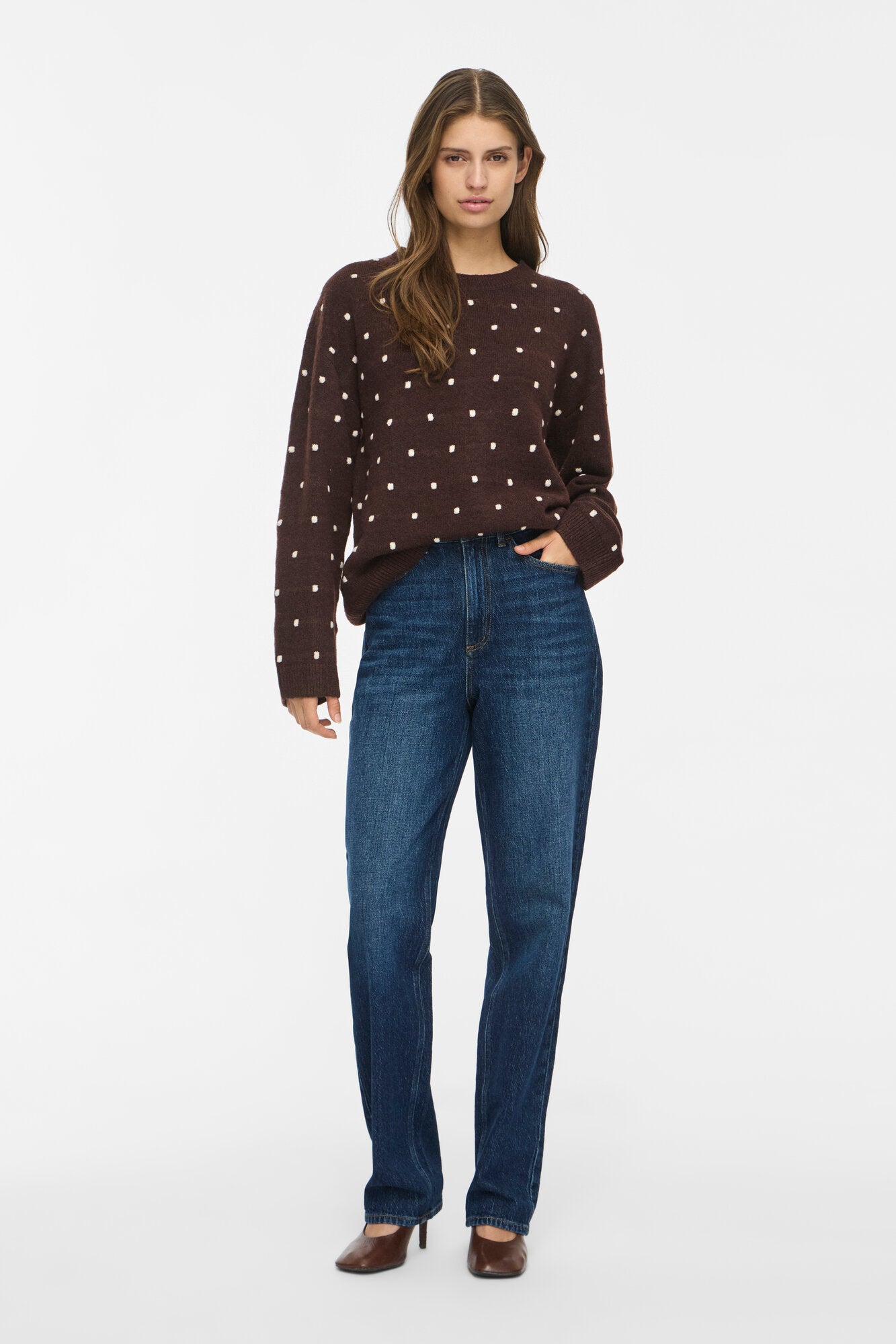 Viliga L/S O-neck Dot striktrøje – Coffee Bean