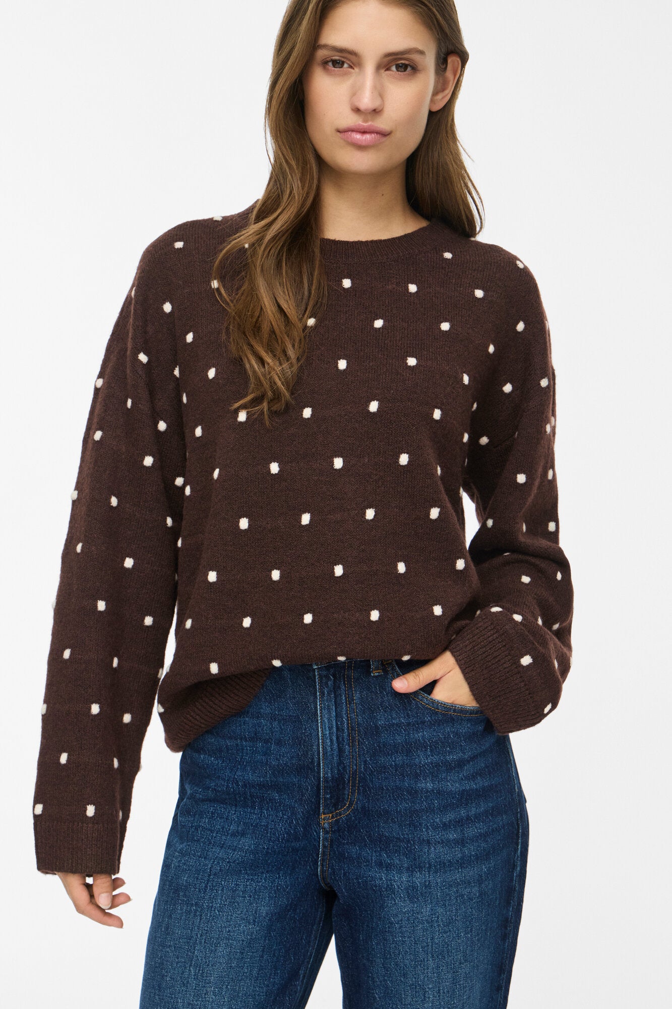 Viliga L/S O-neck Dot striktrøje – Coffee Bean