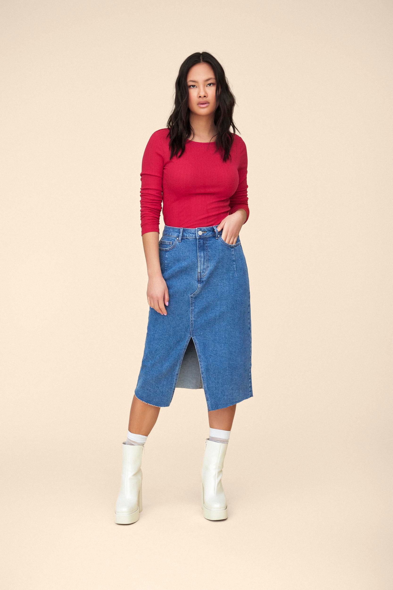 Visol RW Midi Slit denimnederdel - Medium Blue Denim