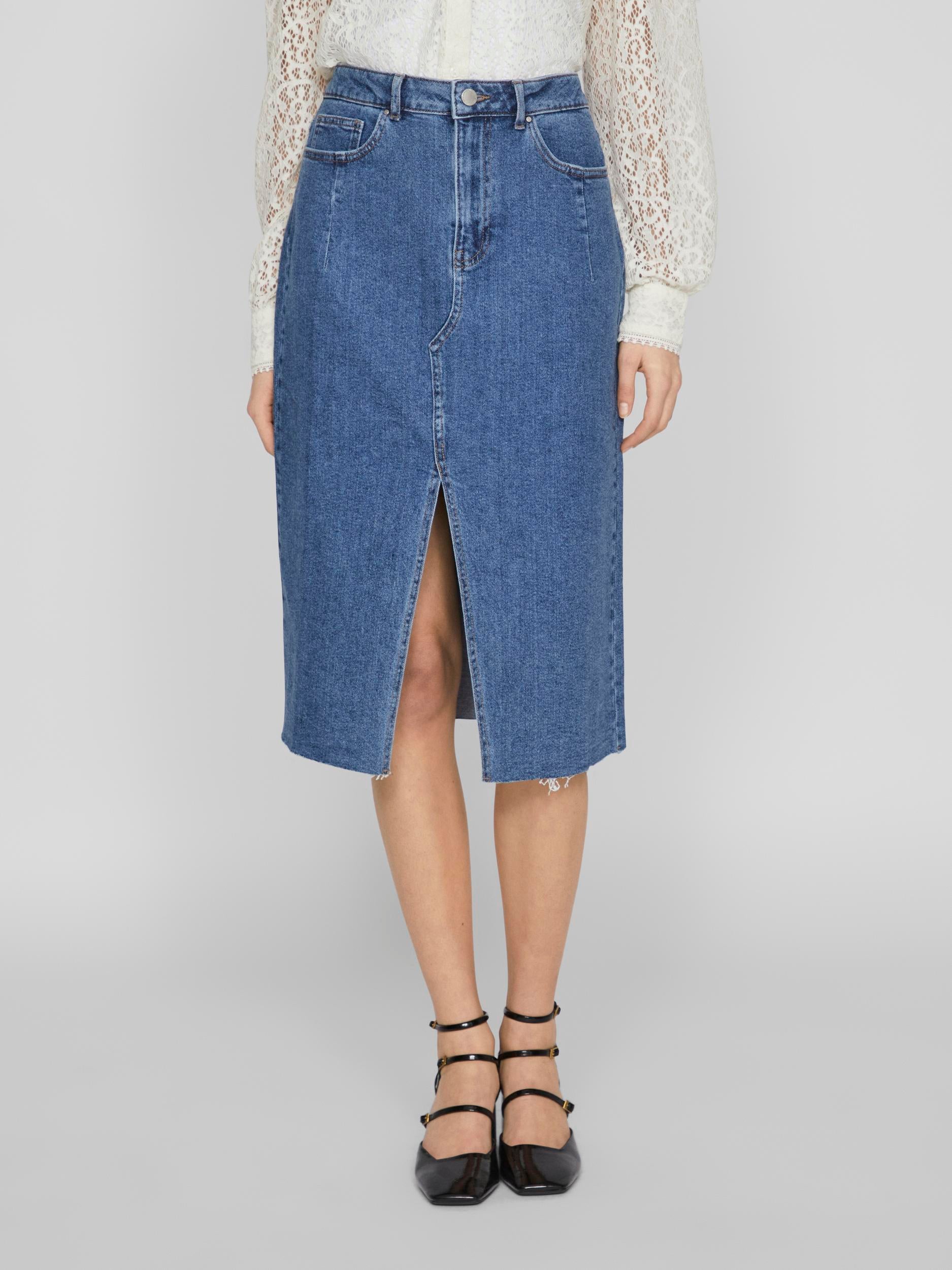 Visol RW Midi Slit denimnederdel - Medium Blue Denim