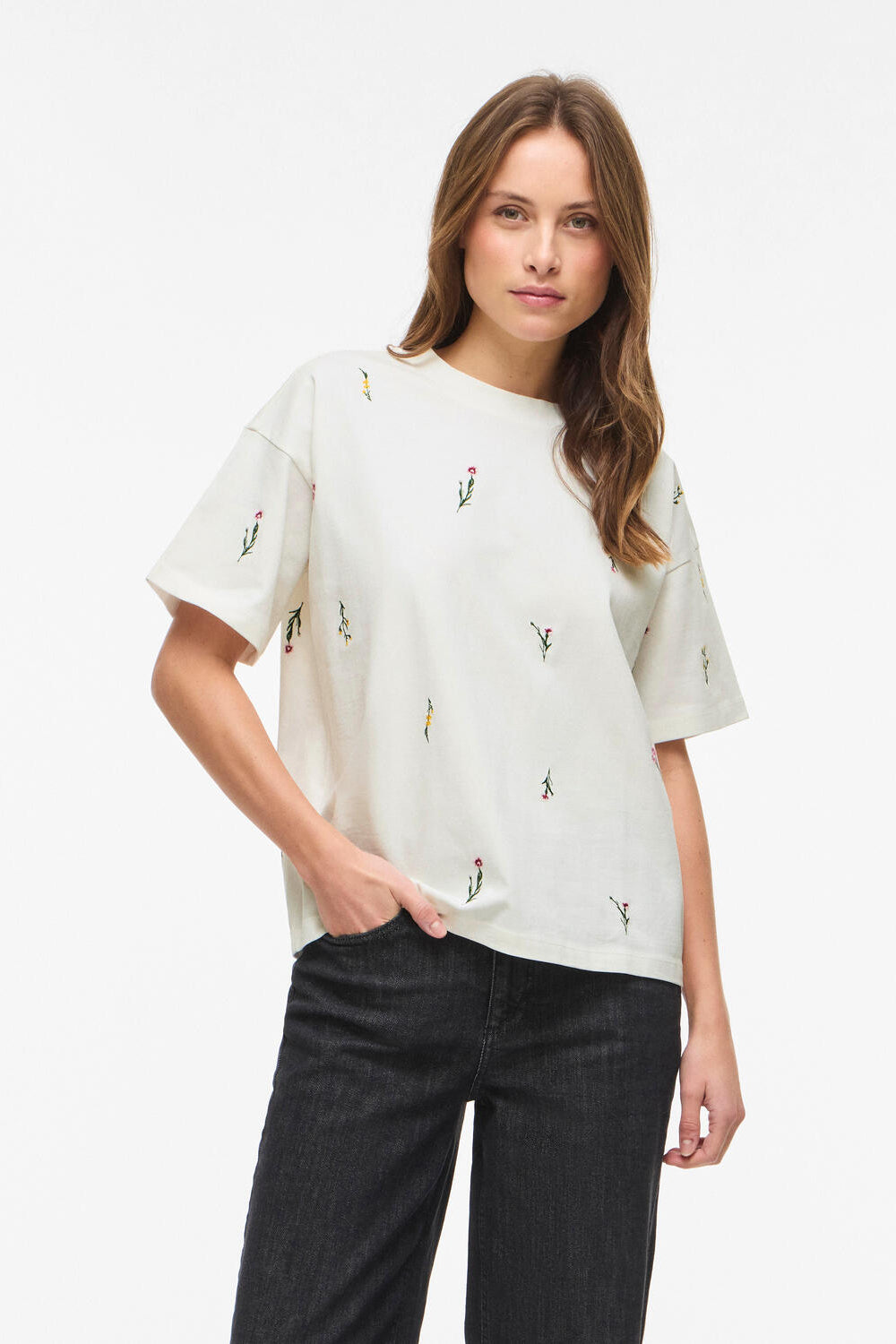 Vimonie Floral Emb t-shirt - Snow White