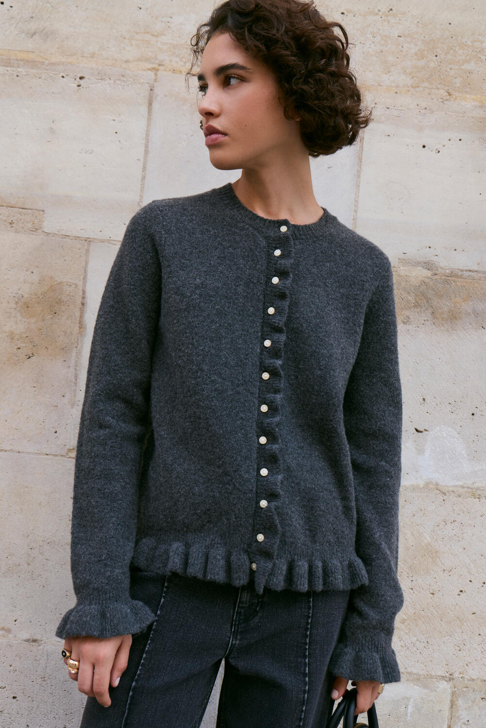 Vijacia Frill cardigan - Medium Grey Melange