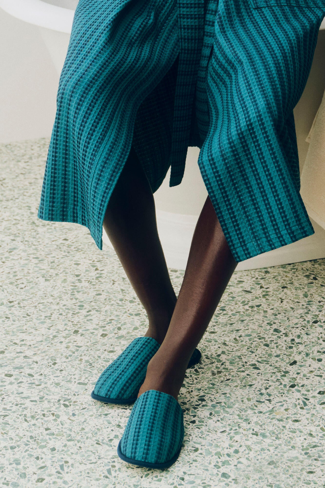 Waffle slippers - Stripe Petrol blue