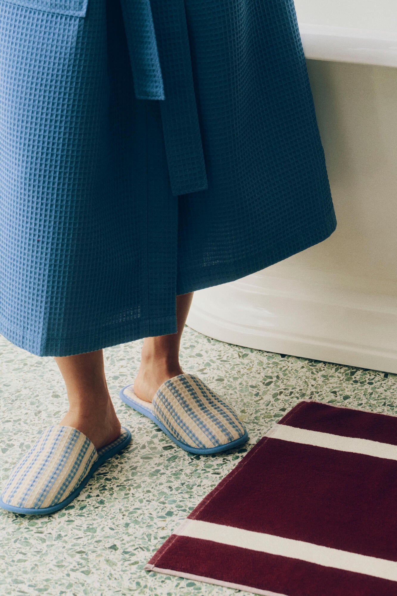 Waffle slippers - Stripe Dusty blue
