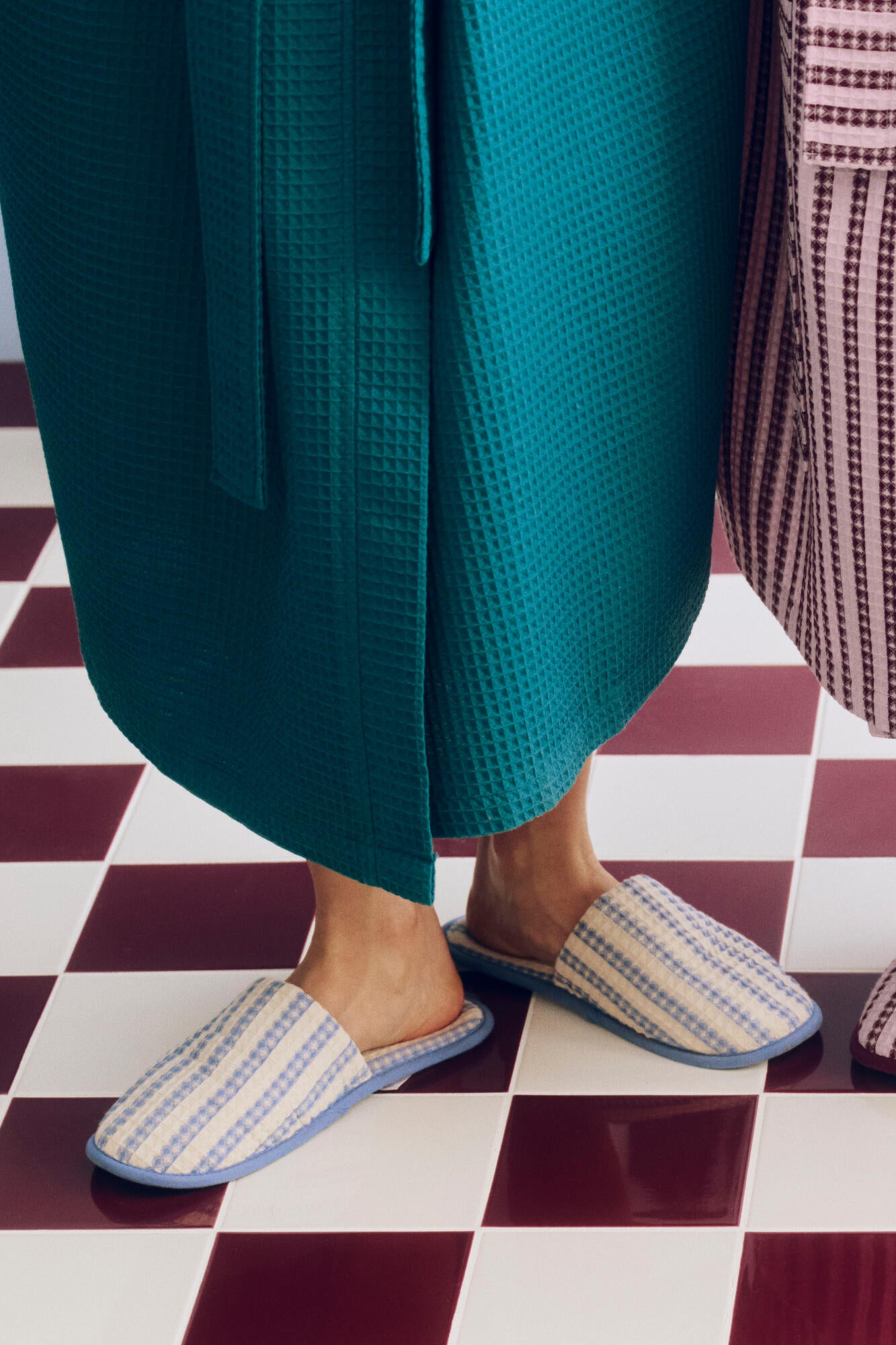 Waffle slippers - Stripe Dusty blue