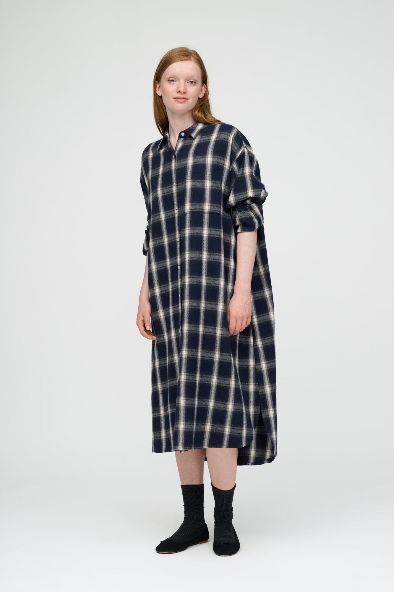 Floret Check skjortekjole - dark navy/grey/ecru