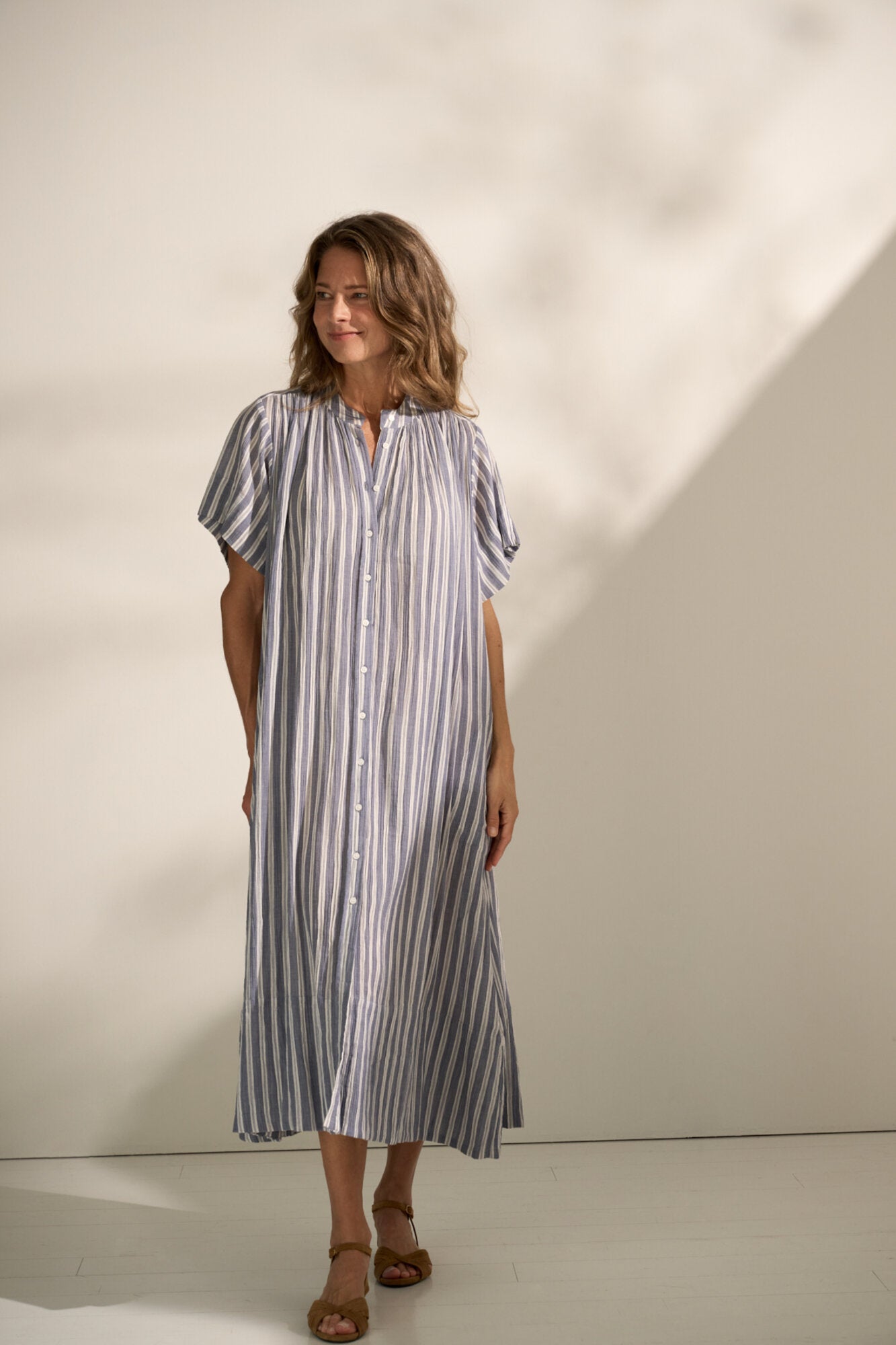 June stripe skjortekjole - Sea blue/ecru