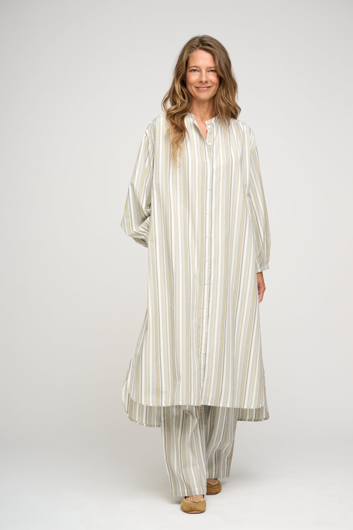 Lola skjortekjole - Olive Gray Stripe