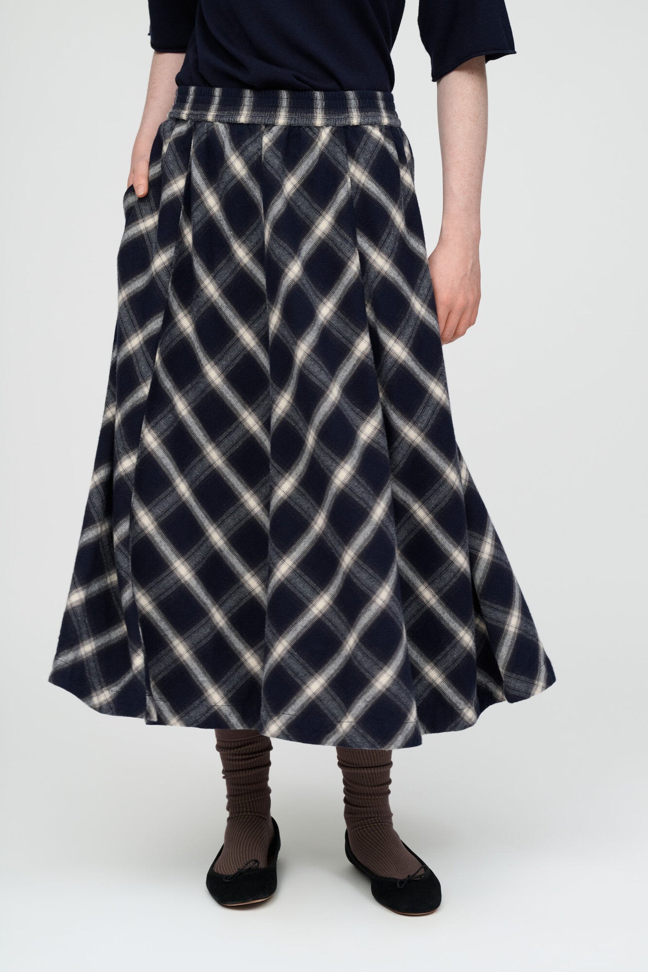 Pin Check midi nederdel - dark navy, grey, ecru