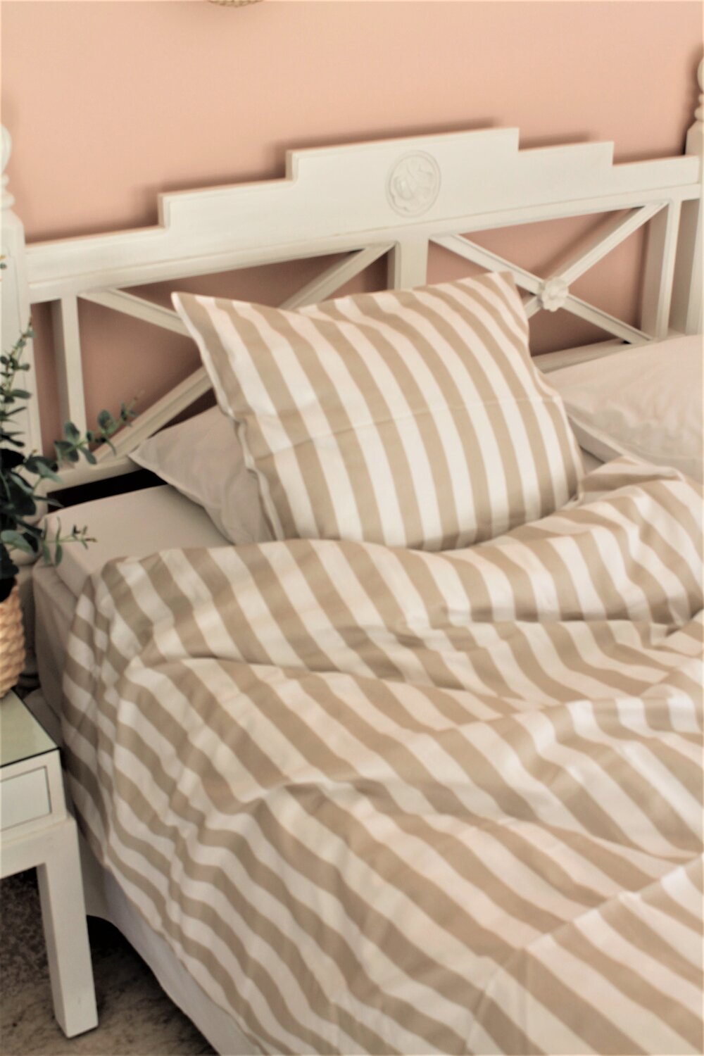 Blok Strib sengetøj - sand/hvid