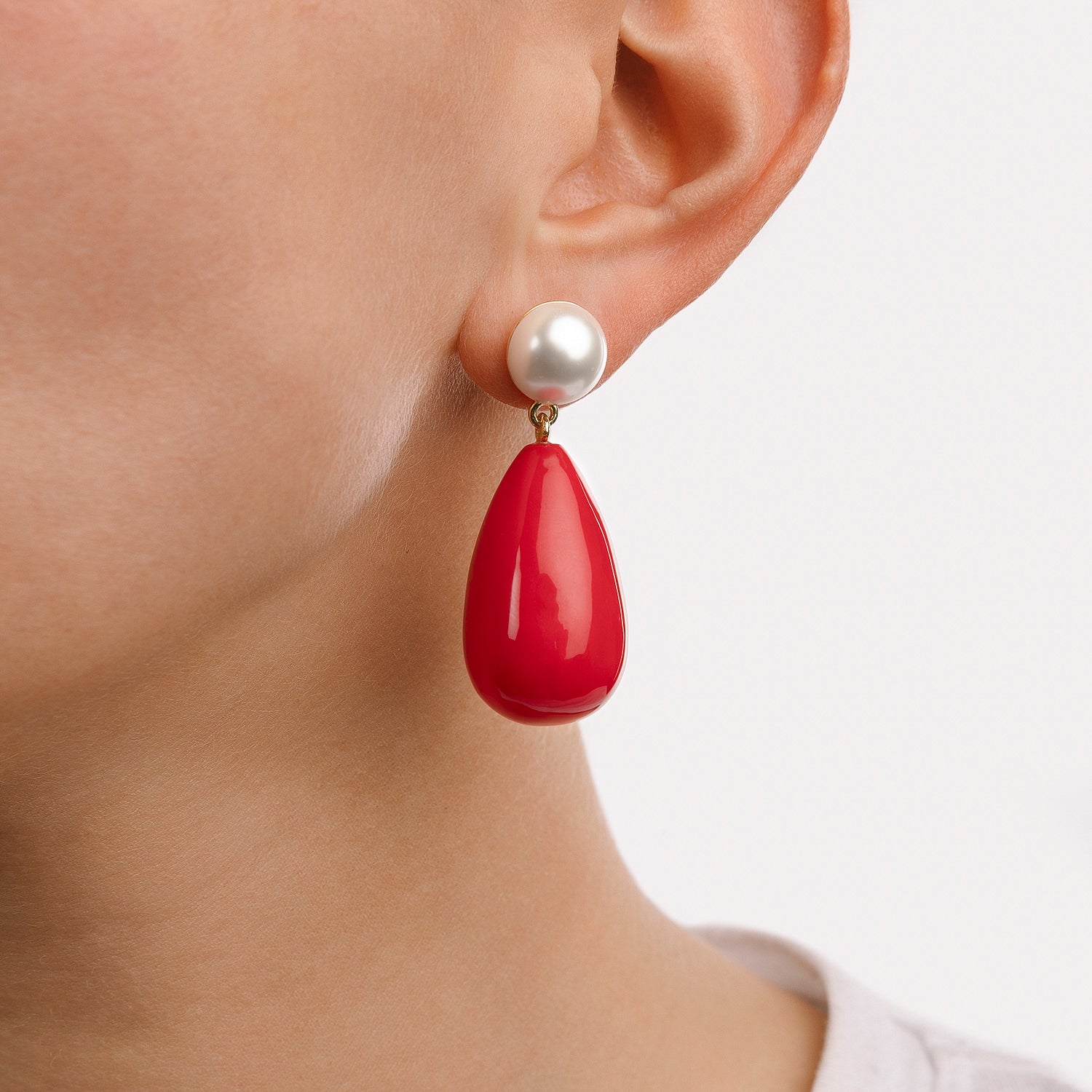 Drop øreringe - Red/Pearl
