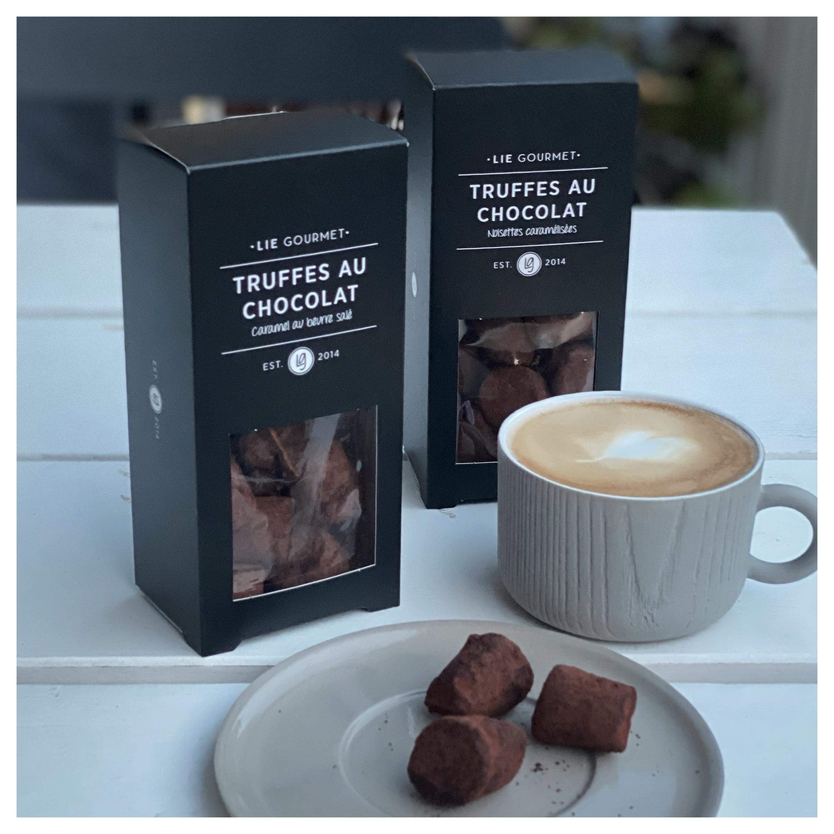 Chokoladetrøfler med karamelliserede hasselnødder - 110 g.