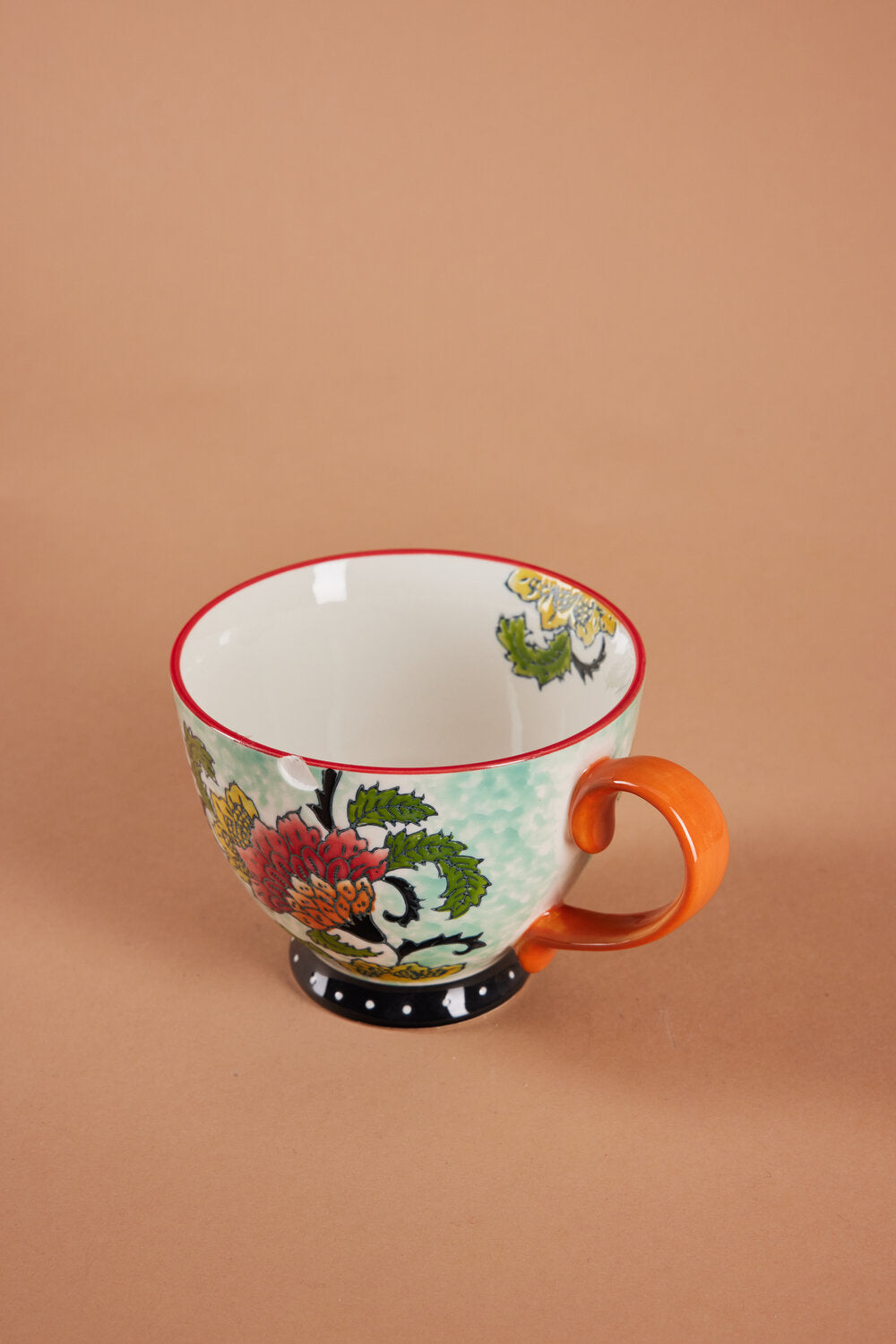 Håndmalet krus med blomster, orange - H9 cm.